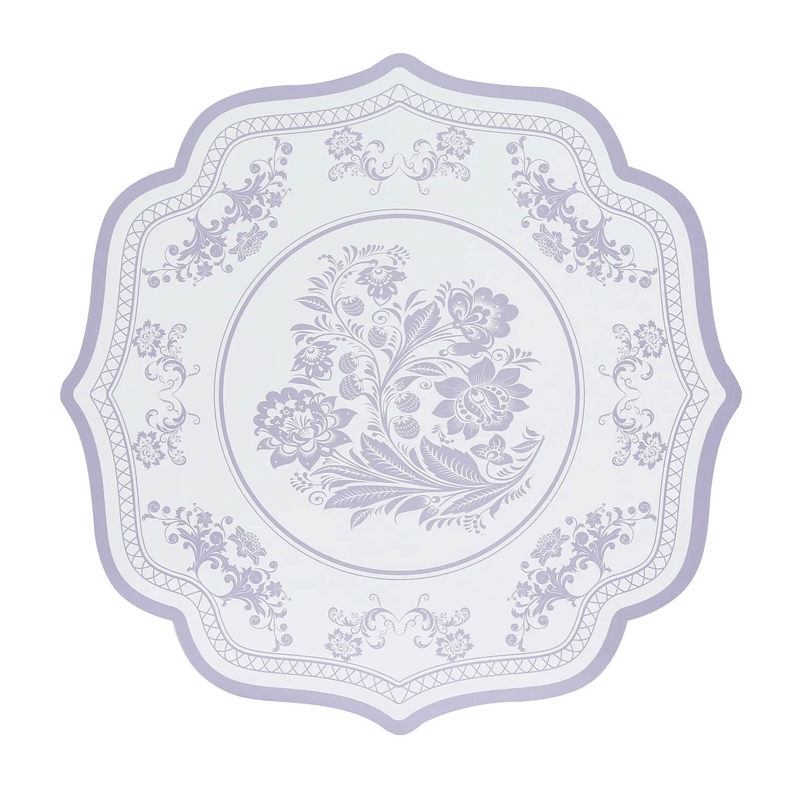 10 - Pack Disposable Table Placemats 13" Round Placemats in White with Lavender Damask Floral Pattern & Scalloped Rim - 400GSM Cardboard Placemats for Stylish Table Setting - Bell Racket Store