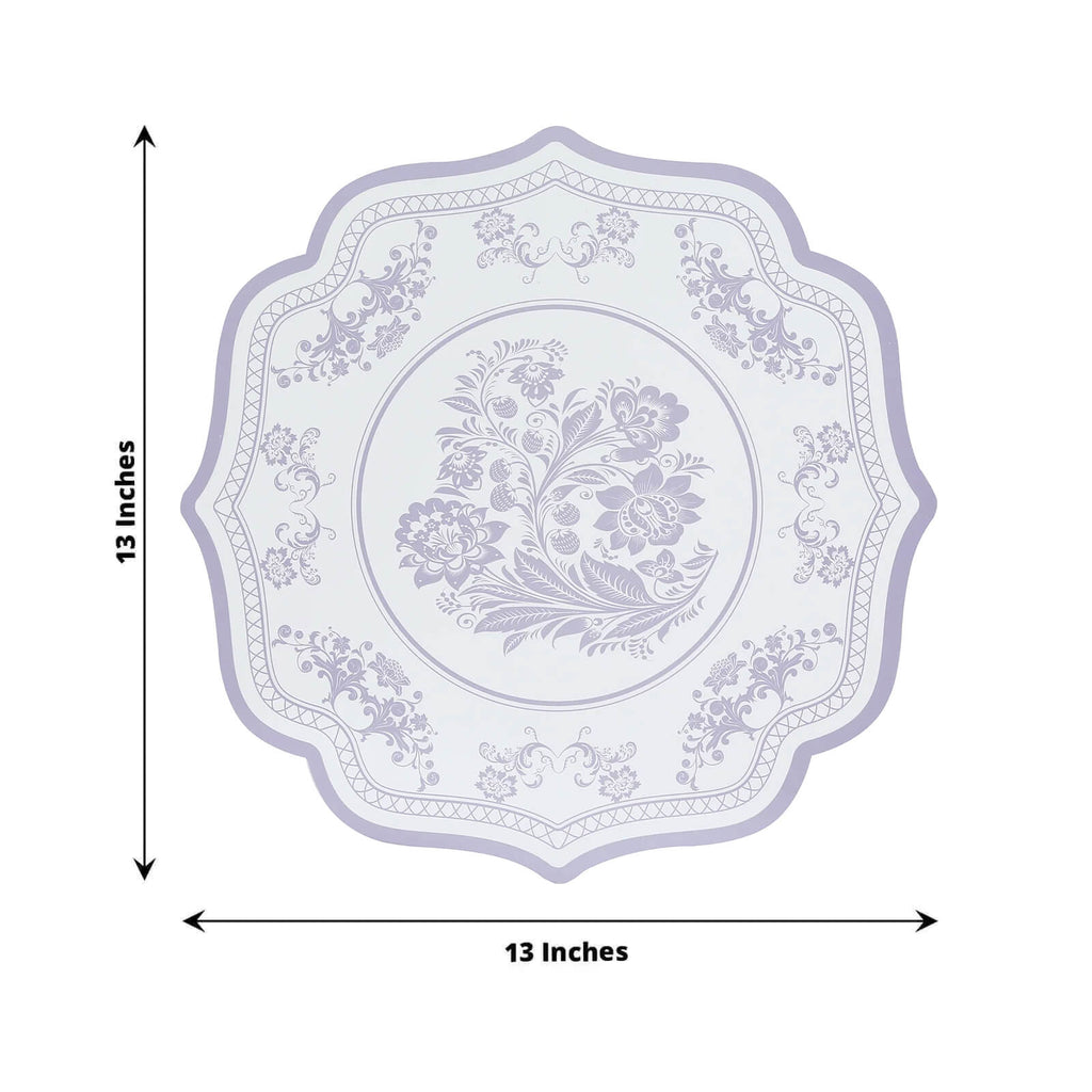 10 - Pack Disposable Table Placemats 13" Round Placemats in White with Lavender Damask Floral Pattern & Scalloped Rim - 400GSM Cardboard Placemats for Stylish Table Setting - Bell Racket Store