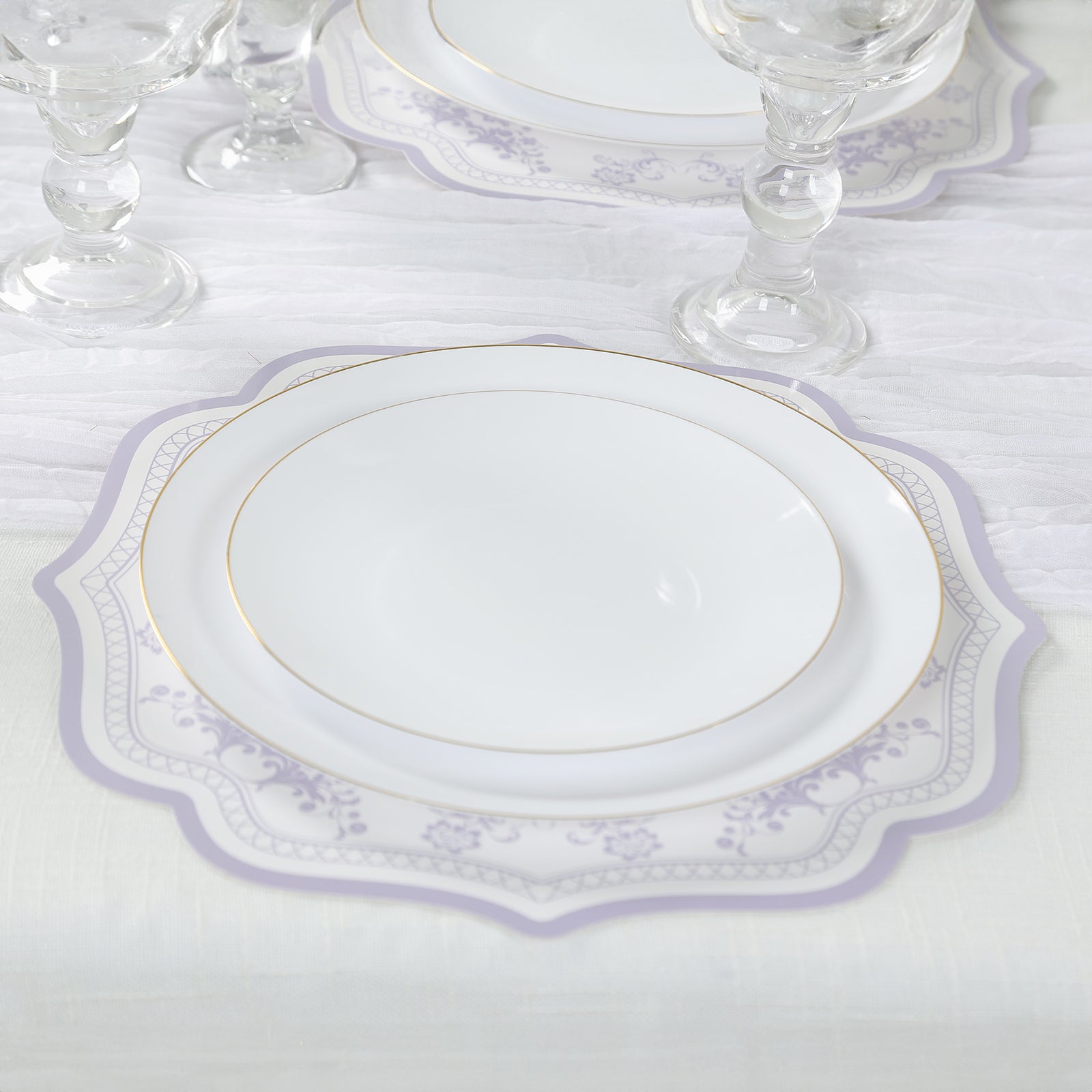 10 - Pack Disposable Table Placemats 13" Round Placemats in White with Lavender Damask Floral Pattern & Scalloped Rim - 400GSM Cardboard Placemats for Stylish Table Setting - Bell Racket Store