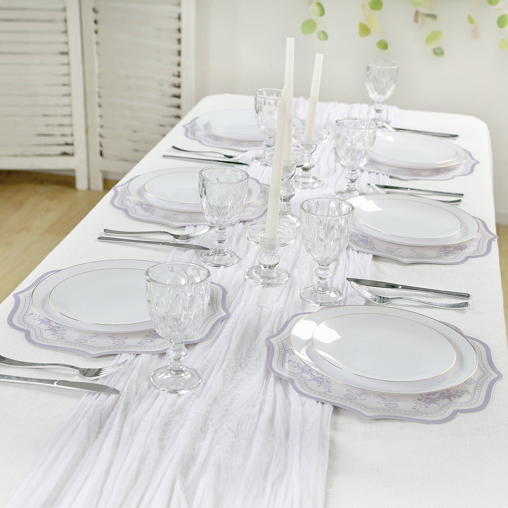10 - Pack Disposable Table Placemats 13" Round Placemats in White with Lavender Damask Floral Pattern & Scalloped Rim - 400GSM Cardboard Placemats for Stylish Table Setting - Bell Racket Store