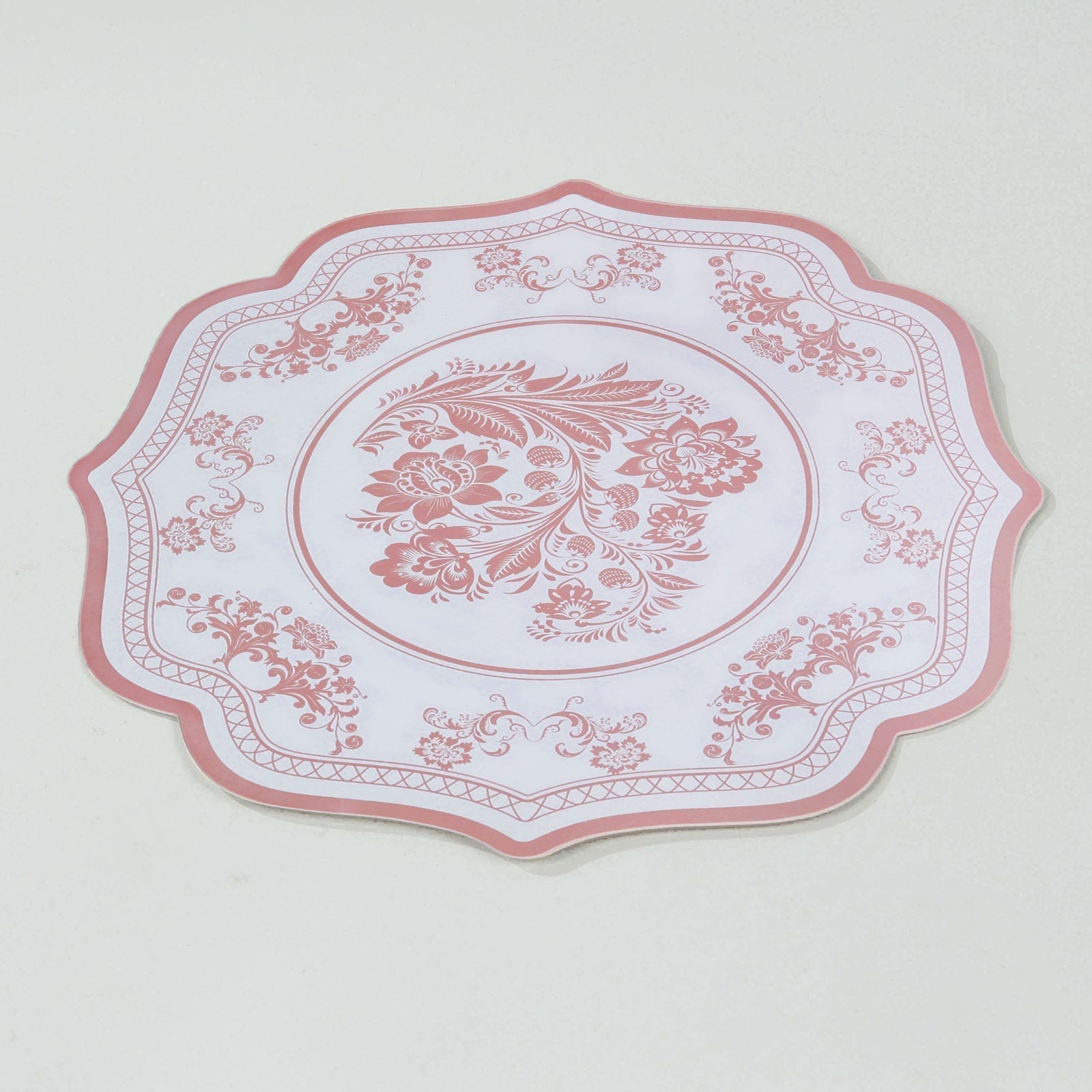 10 - Pack Disposable Table Placemats 13" Round Placemats in White with Pink Damask Floral Pattern & Scalloped Rim - 400GSM Cardboard Placemats for Stylish Table Setting - Bell Racket Store
