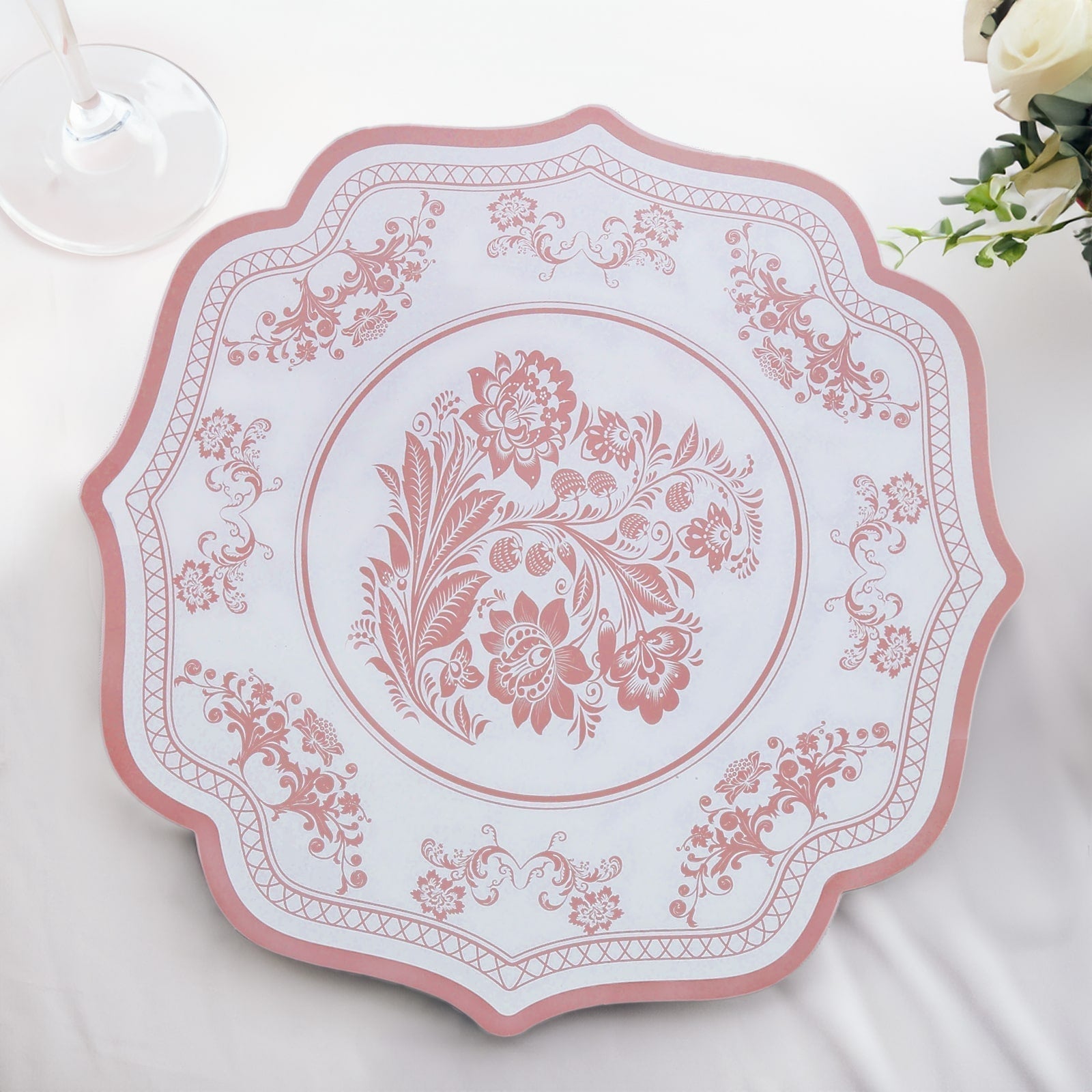 10 - Pack Disposable Table Placemats 13" Round Placemats in White with Pink Damask Floral Pattern & Scalloped Rim - 400GSM Cardboard Placemats for Stylish Table Setting - Bell Racket Store