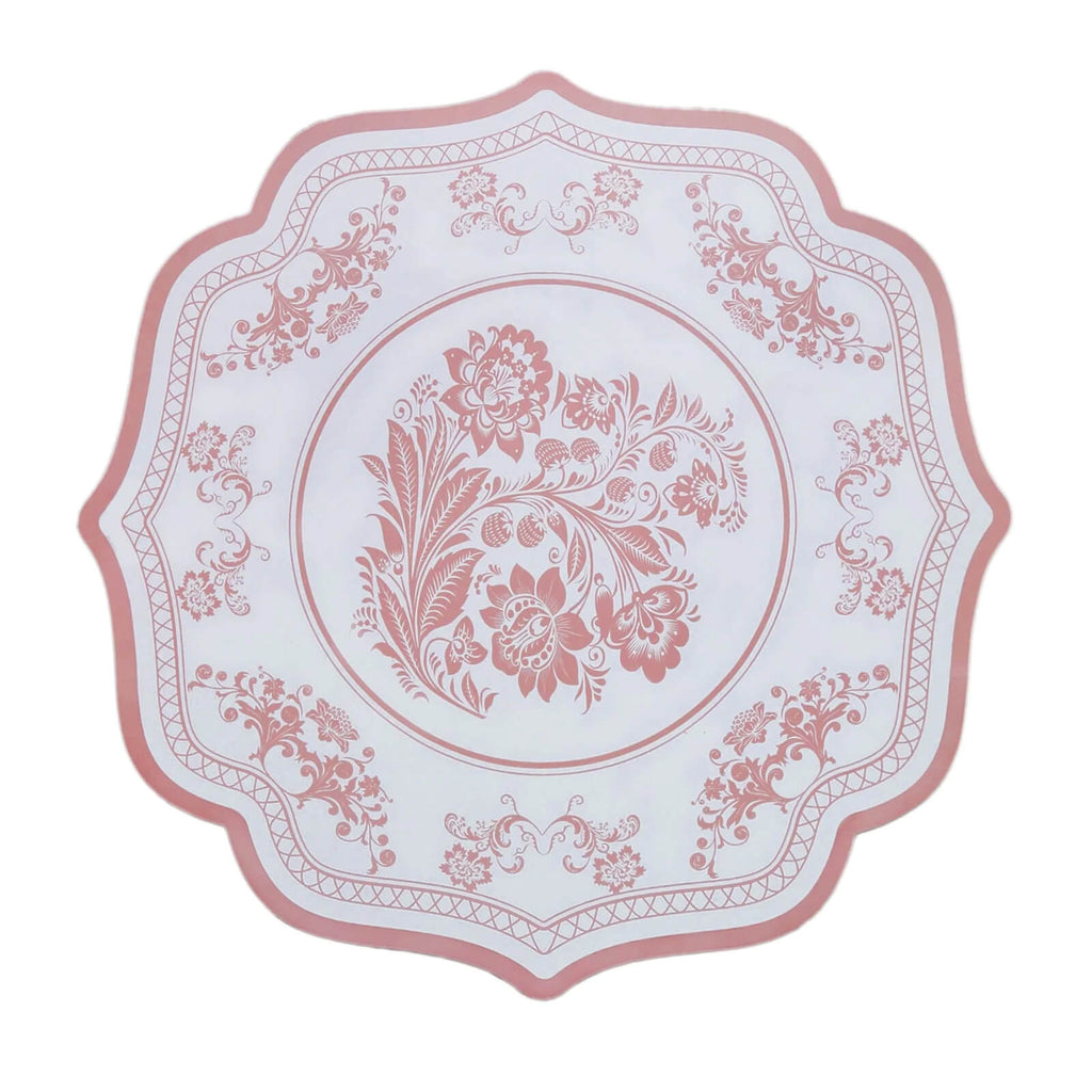 10 - Pack Disposable Table Placemats 13" Round Placemats in White with Pink Damask Floral Pattern & Scalloped Rim - 400GSM Cardboard Placemats for Stylish Table Setting - Bell Racket Store