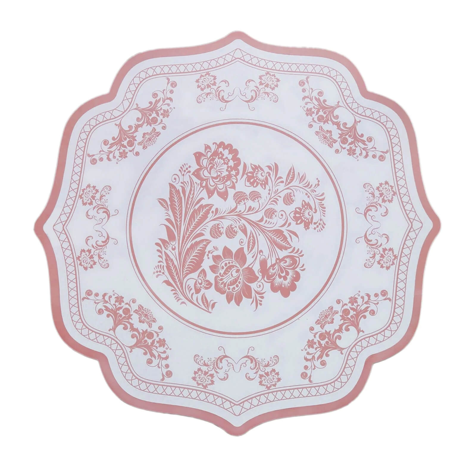 10 - Pack Disposable Table Placemats 13" Round Placemats in White with Pink Damask Floral Pattern & Scalloped Rim - 400GSM Cardboard Placemats for Stylish Table Setting - Bell Racket Store