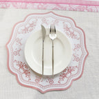 10 - Pack Disposable Table Placemats 13" Round Placemats in White with Pink Damask Floral Pattern & Scalloped Rim - 400GSM Cardboard Placemats for Stylish Table Setting - Bell Racket Store