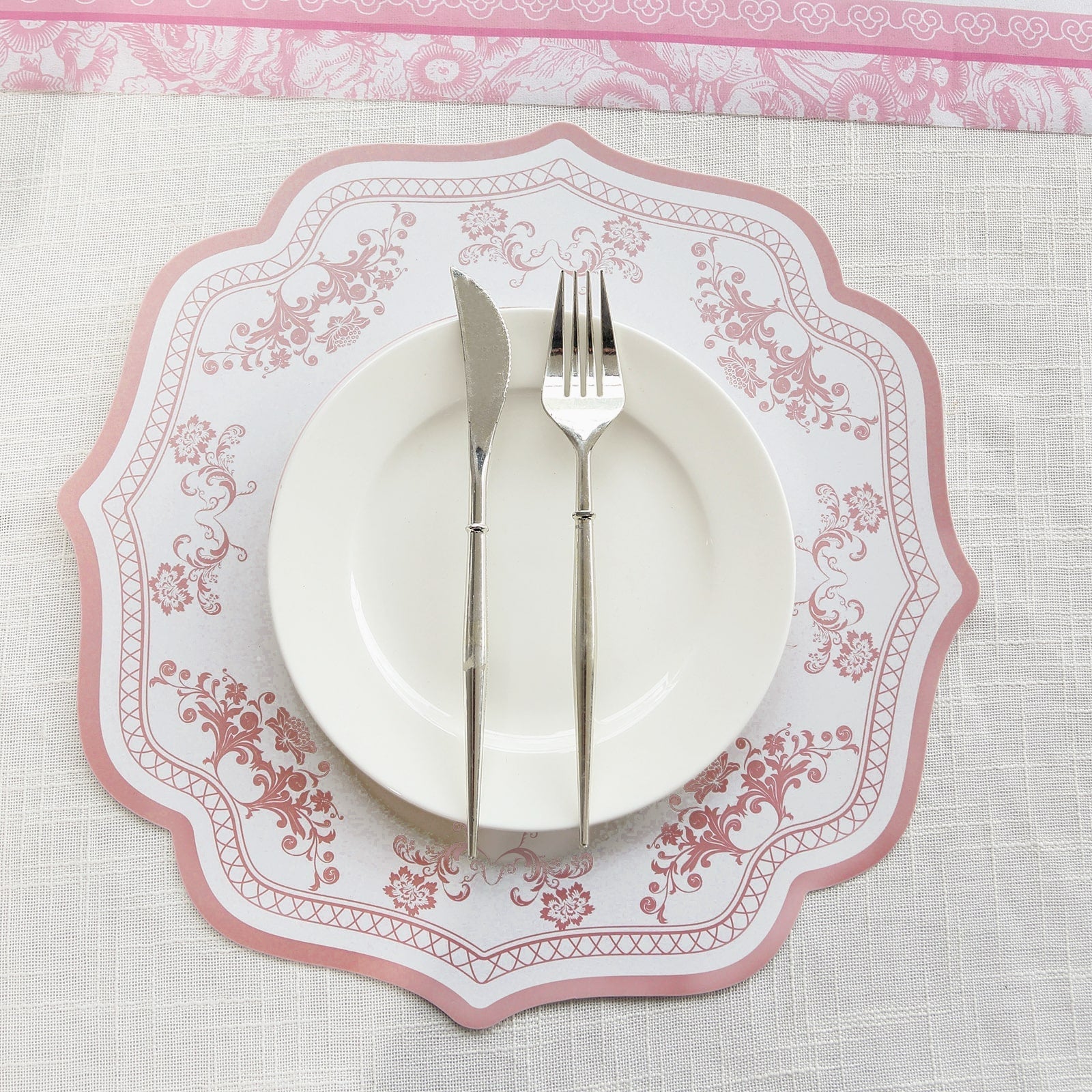 10 - Pack Disposable Table Placemats 13" Round Placemats in White with Pink Damask Floral Pattern & Scalloped Rim - 400GSM Cardboard Placemats for Stylish Table Setting - Bell Racket Store