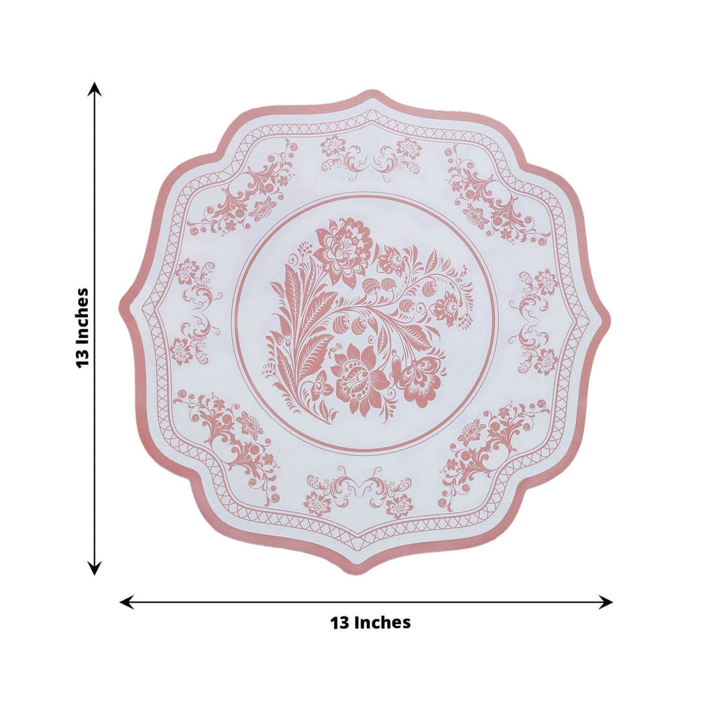 10 - Pack Disposable Table Placemats 13" Round Placemats in White with Pink Damask Floral Pattern & Scalloped Rim - 400GSM Cardboard Placemats for Stylish Table Setting - Bell Racket Store