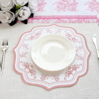 10 - Pack Disposable Table Placemats 13" Round Placemats in White with Pink Damask Floral Pattern & Scalloped Rim - 400GSM Cardboard Placemats for Stylish Table Setting - Bell Racket Store