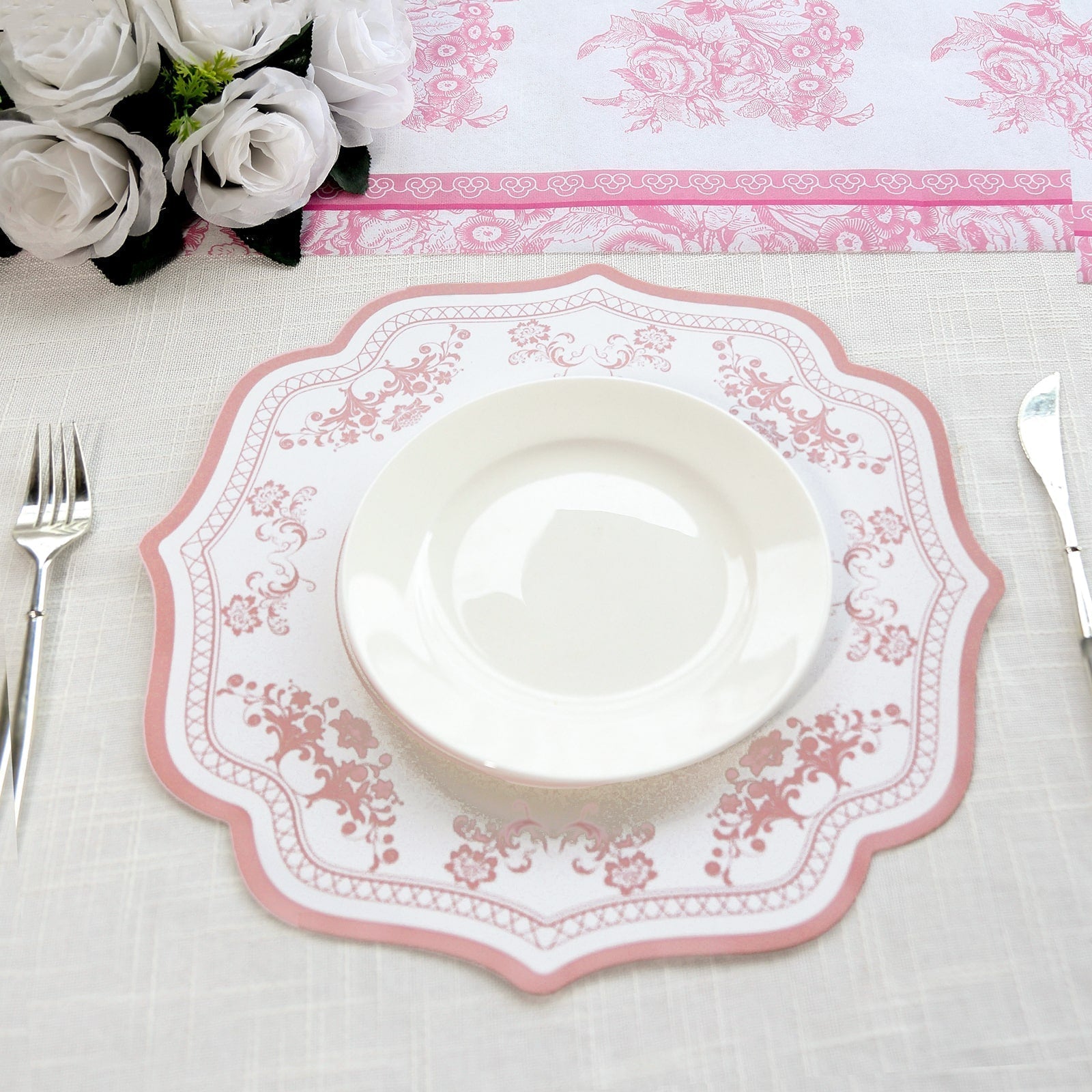10 - Pack Disposable Table Placemats 13" Round Placemats in White with Pink Damask Floral Pattern & Scalloped Rim - 400GSM Cardboard Placemats for Stylish Table Setting - Bell Racket Store