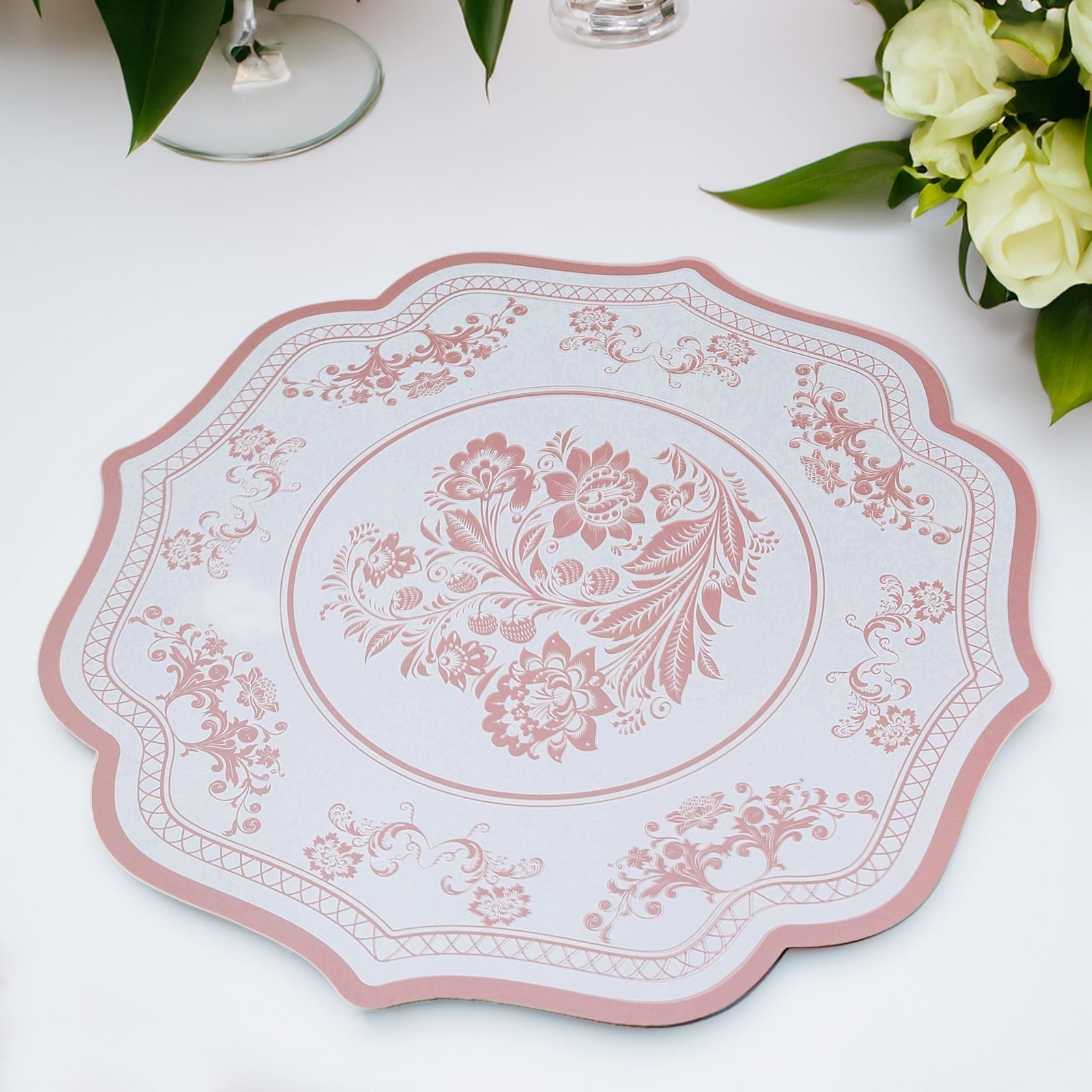 10 - Pack Disposable Table Placemats 13" Round Placemats in White with Pink Damask Floral Pattern & Scalloped Rim - 400GSM Cardboard Placemats for Stylish Table Setting - Bell Racket Store
