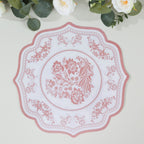 10 - Pack Disposable Table Placemats 13" Round Placemats in White with Pink Damask Floral Pattern & Scalloped Rim - 400GSM Cardboard Placemats for Stylish Table Setting - Bell Racket Store