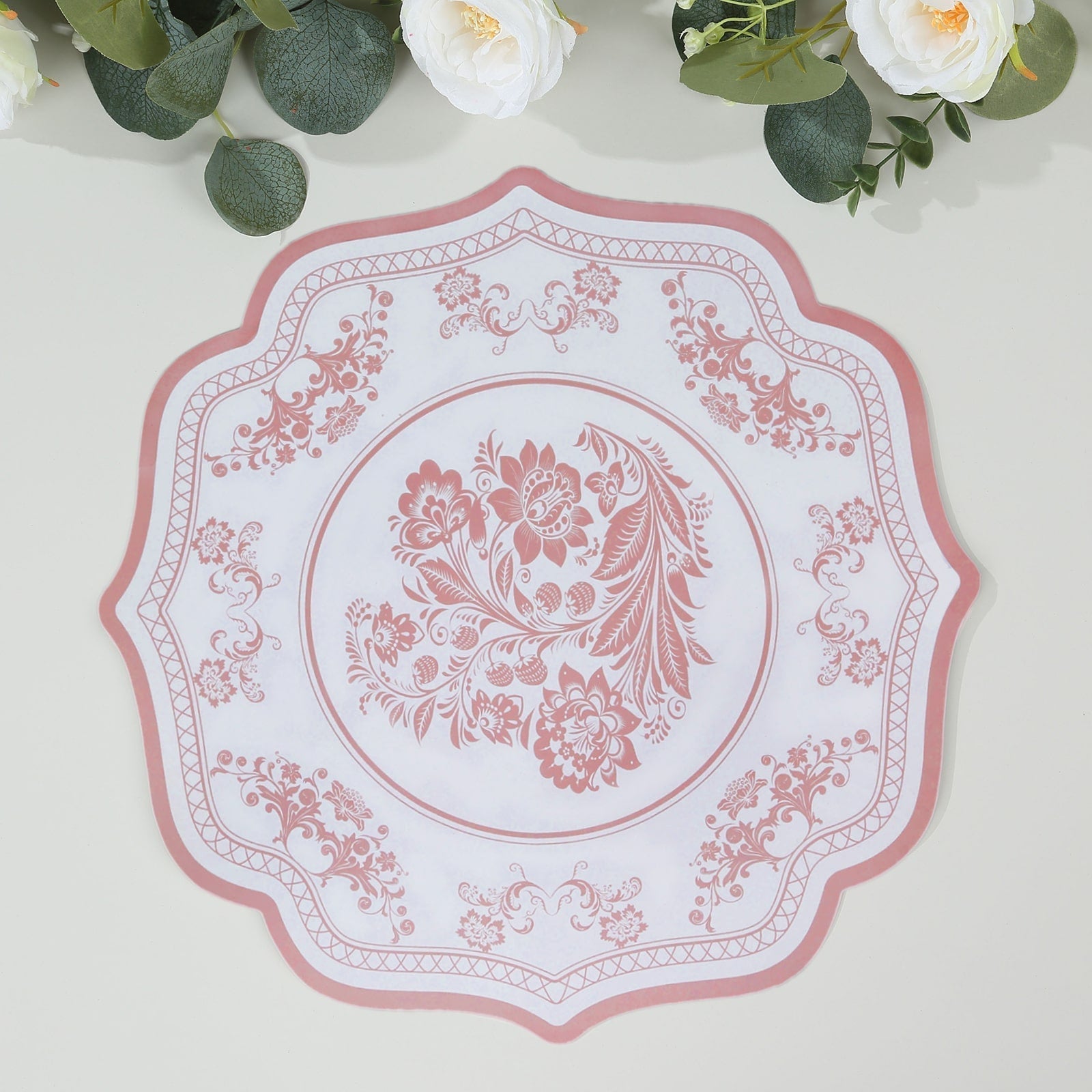 10 - Pack Disposable Table Placemats 13" Round Placemats in White with Pink Damask Floral Pattern & Scalloped Rim - 400GSM Cardboard Placemats for Stylish Table Setting - Bell Racket Store
