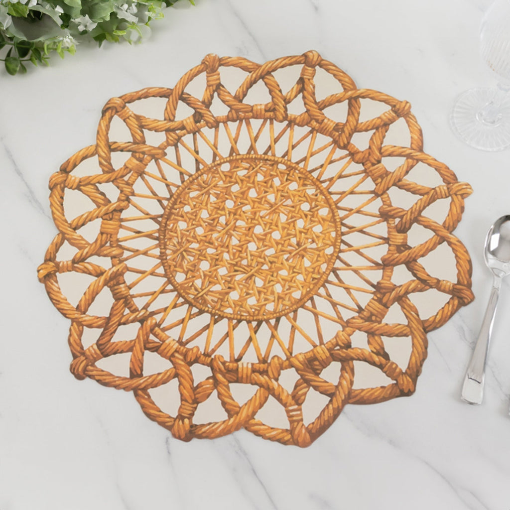 10 - Pack Disposable Table Placemats in Brown with Die - Cut Rattan Weave Print - Large Rustic Farmhouse Scalloped Rim Floral Paper Placemats 16" - Bell Racket Store