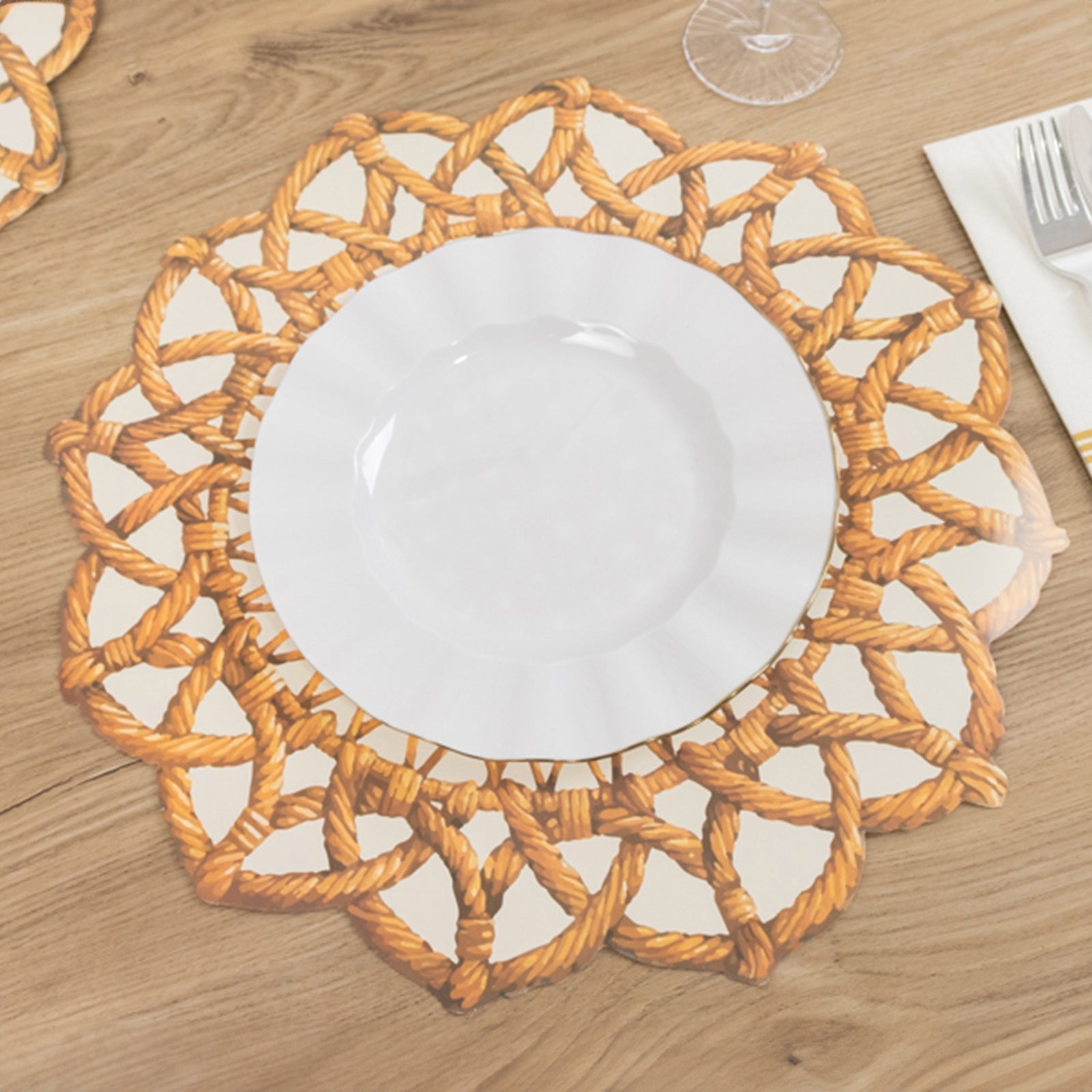 10 - Pack Disposable Table Placemats in Brown with Die - Cut Rattan Weave Print - Large Rustic Farmhouse Scalloped Rim Floral Paper Placemats 16" - Bell Racket Store