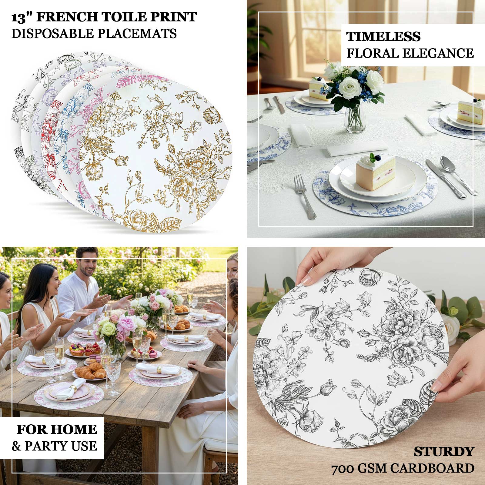 10 - Pack Disposable Table Placemats in French Toile Print 13" in White/Matte Lavender - Chic Floral Cardboard Placemats for Stylish Table Setting - Bell Racket Store