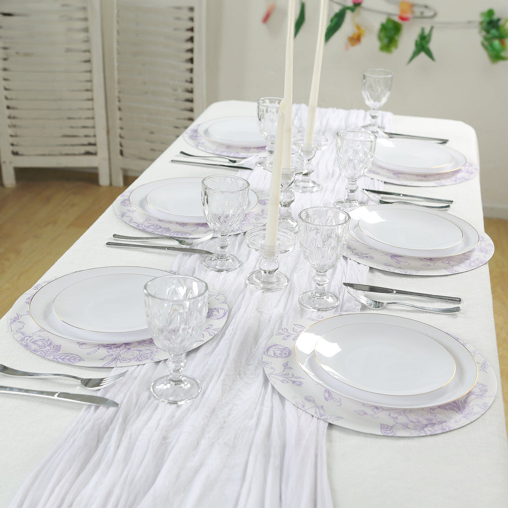 10 - Pack Disposable Table Placemats in French Toile Print 13" in White/Matte Lavender - Chic Floral Cardboard Placemats for Stylish Table Setting - Bell Racket Store