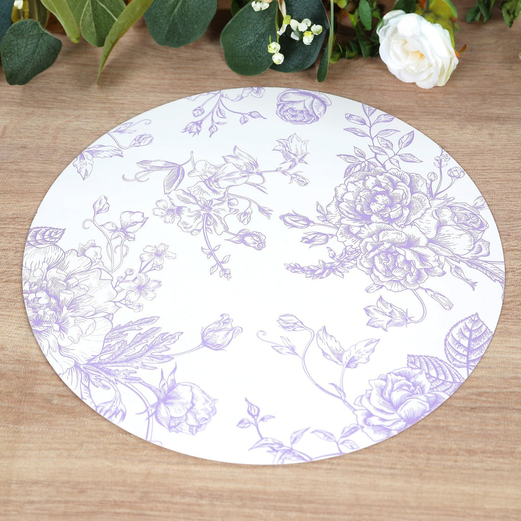 10 - Pack Disposable Table Placemats in French Toile Print 13" in White/Matte Lavender - Chic Floral Cardboard Placemats for Stylish Table Setting - Bell Racket Store