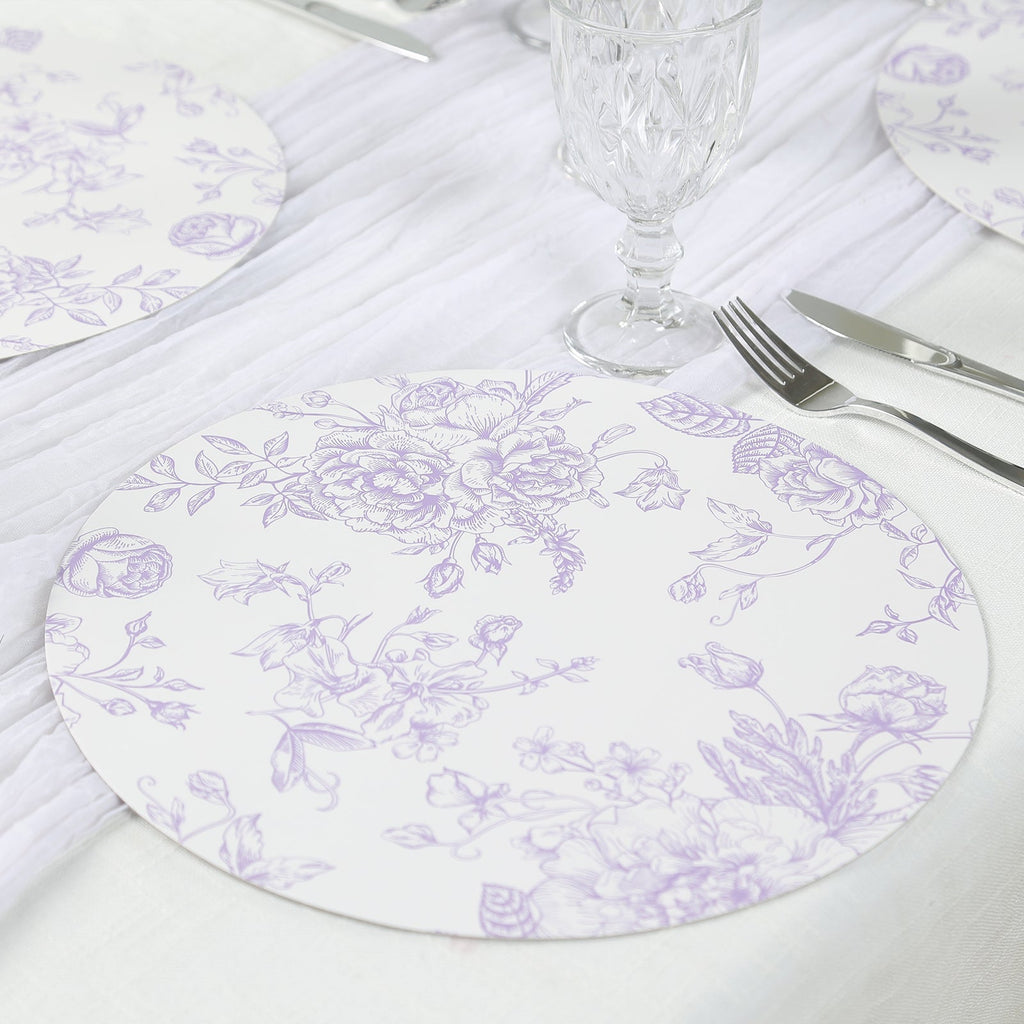 10 - Pack Disposable Table Placemats in French Toile Print 13" in White/Matte Lavender - Chic Floral Cardboard Placemats for Stylish Table Setting - Bell Racket Store