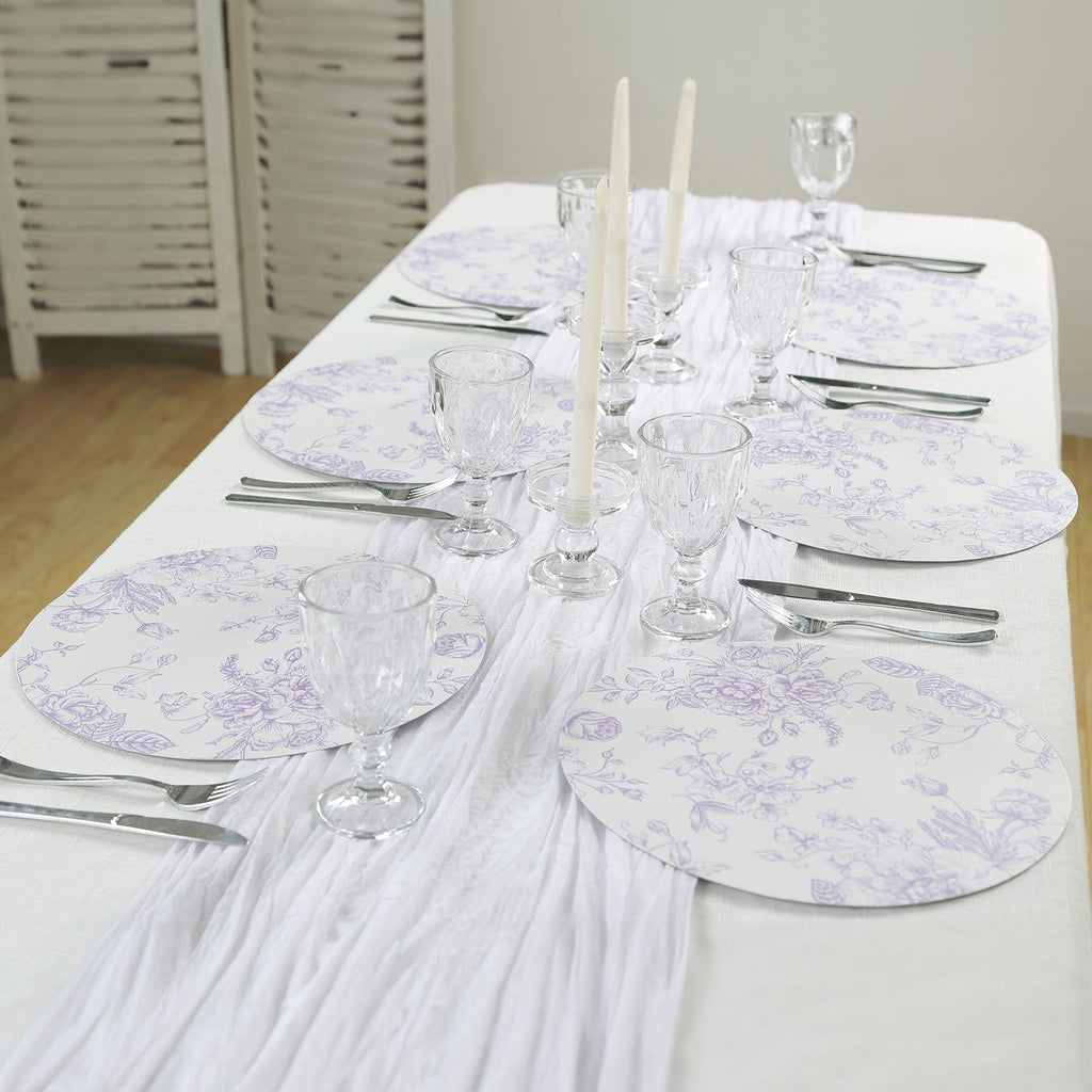 10 - Pack Disposable Table Placemats in French Toile Print 13" in White/Matte Lavender - Chic Floral Cardboard Placemats for Stylish Table Setting - Bell Racket Store