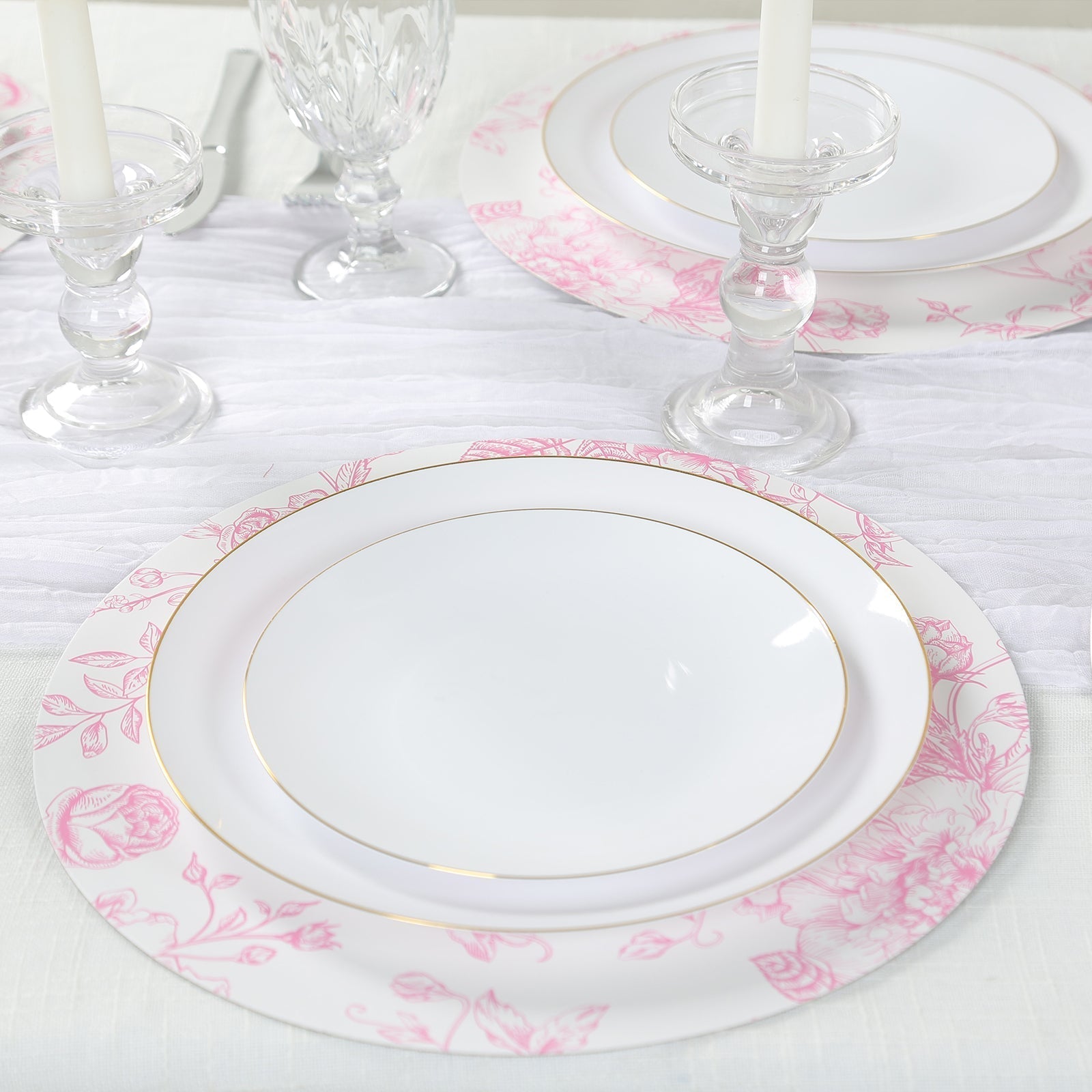 10 - Pack Disposable Table Placemats in French Toile Print 13" in White/Matte Pink - Chic Floral Cardboard Placemats for Stylish Table Setting - Bell Racket Store