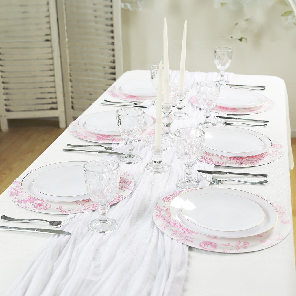 10 - Pack Disposable Table Placemats in French Toile Print 13" in White/Matte Pink - Chic Floral Cardboard Placemats for Stylish Table Setting - Bell Racket Store