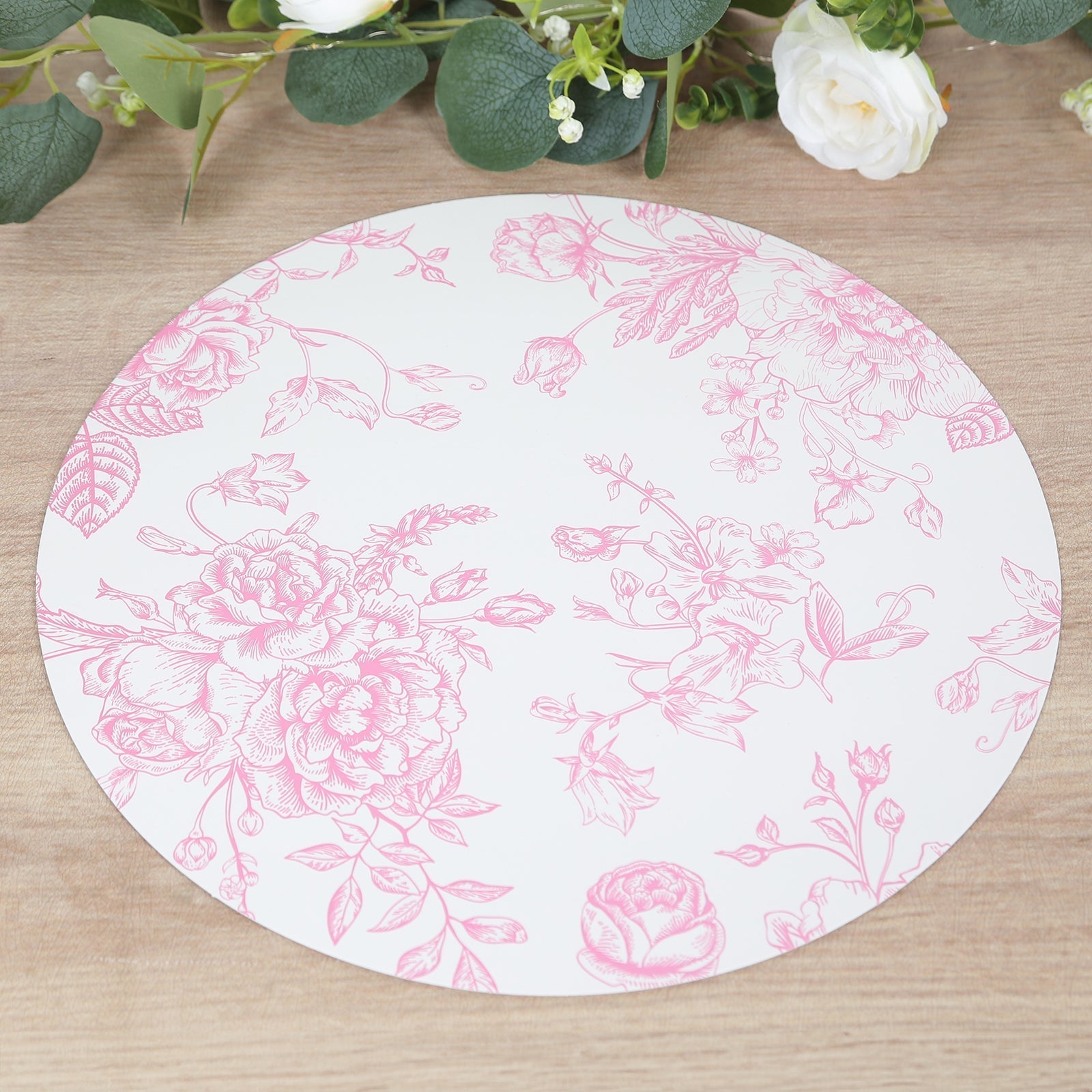 10 - Pack Disposable Table Placemats in French Toile Print 13" in White/Matte Pink - Chic Floral Cardboard Placemats for Stylish Table Setting - Bell Racket Store