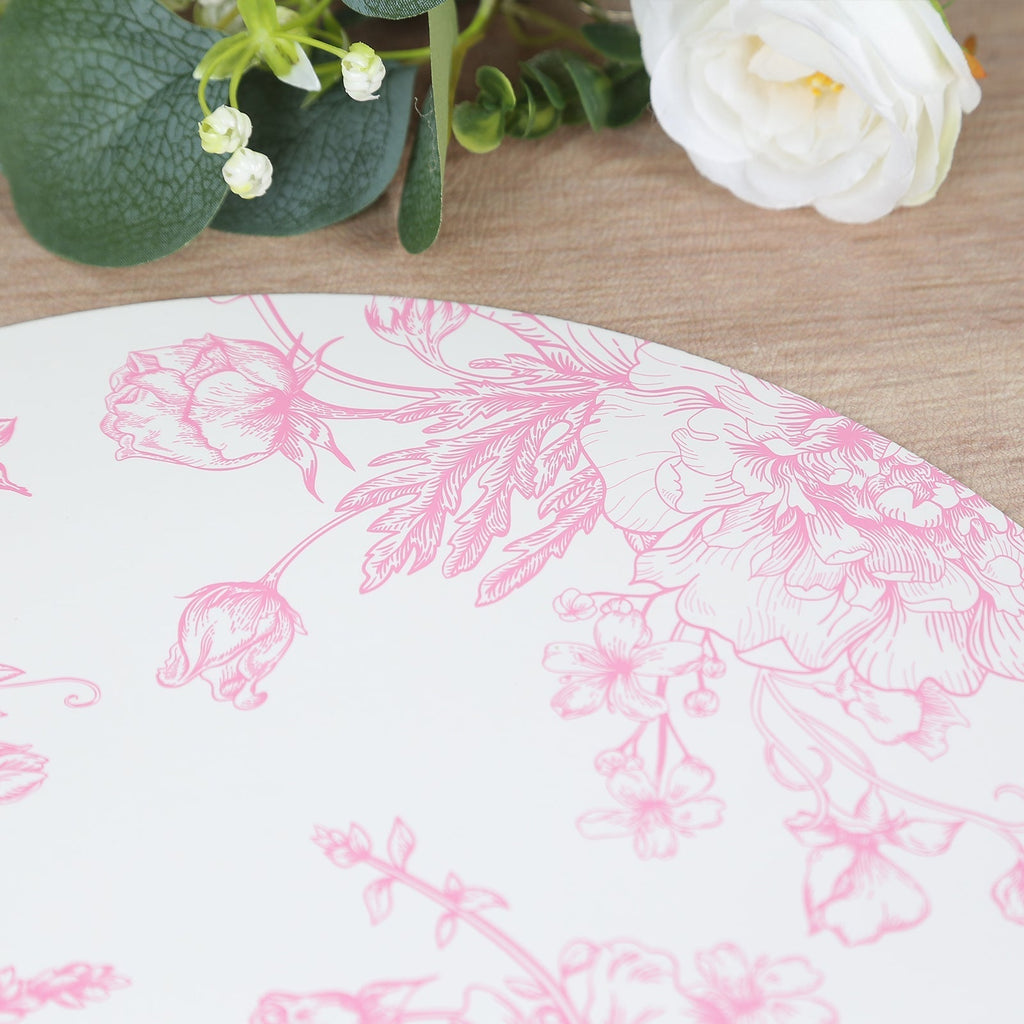 10 - Pack Disposable Table Placemats in French Toile Print 13" in White/Matte Pink - Chic Floral Cardboard Placemats for Stylish Table Setting - Bell Racket Store