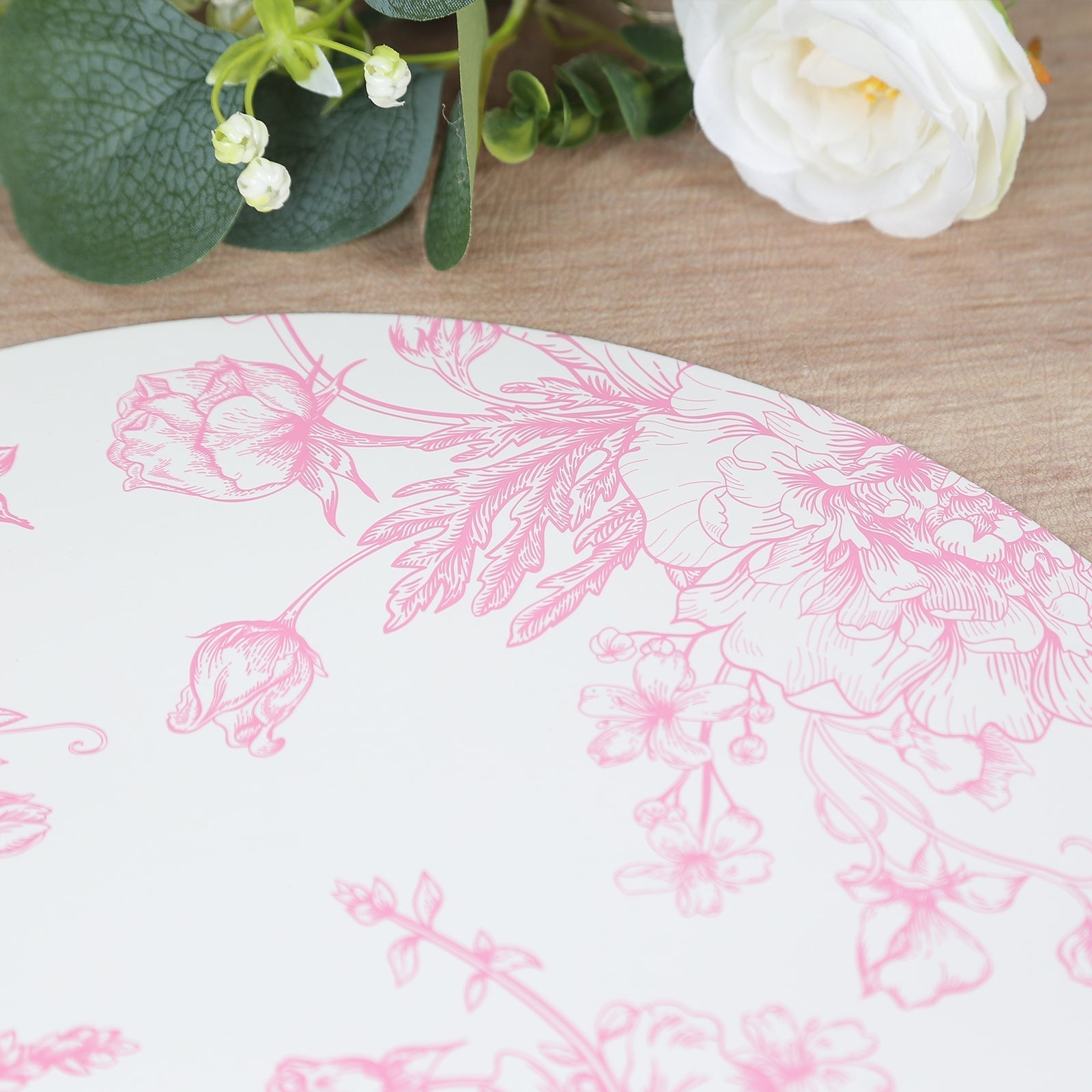 10 - Pack Disposable Table Placemats in French Toile Print 13" in White/Matte Pink - Chic Floral Cardboard Placemats for Stylish Table Setting - Bell Racket Store