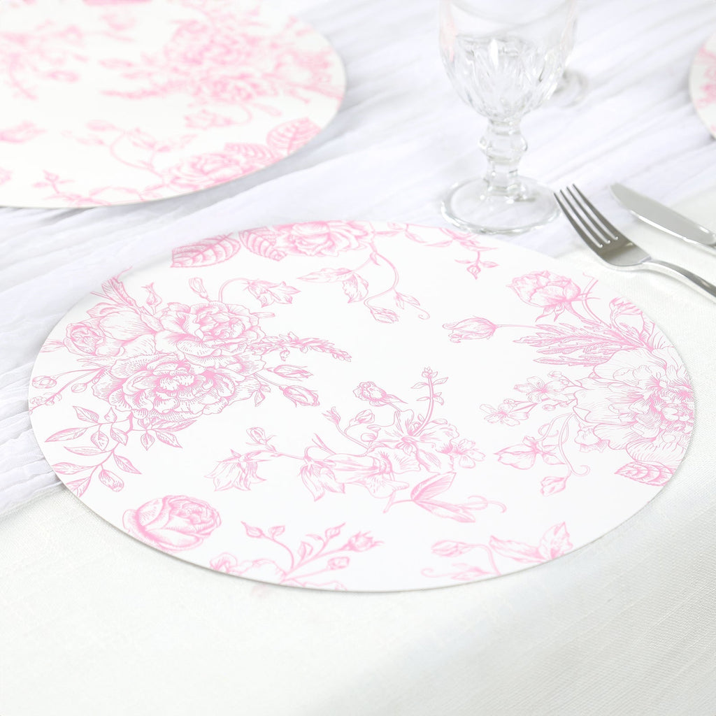 10 - Pack Disposable Table Placemats in French Toile Print 13" in White/Matte Pink - Chic Floral Cardboard Placemats for Stylish Table Setting - Bell Racket Store