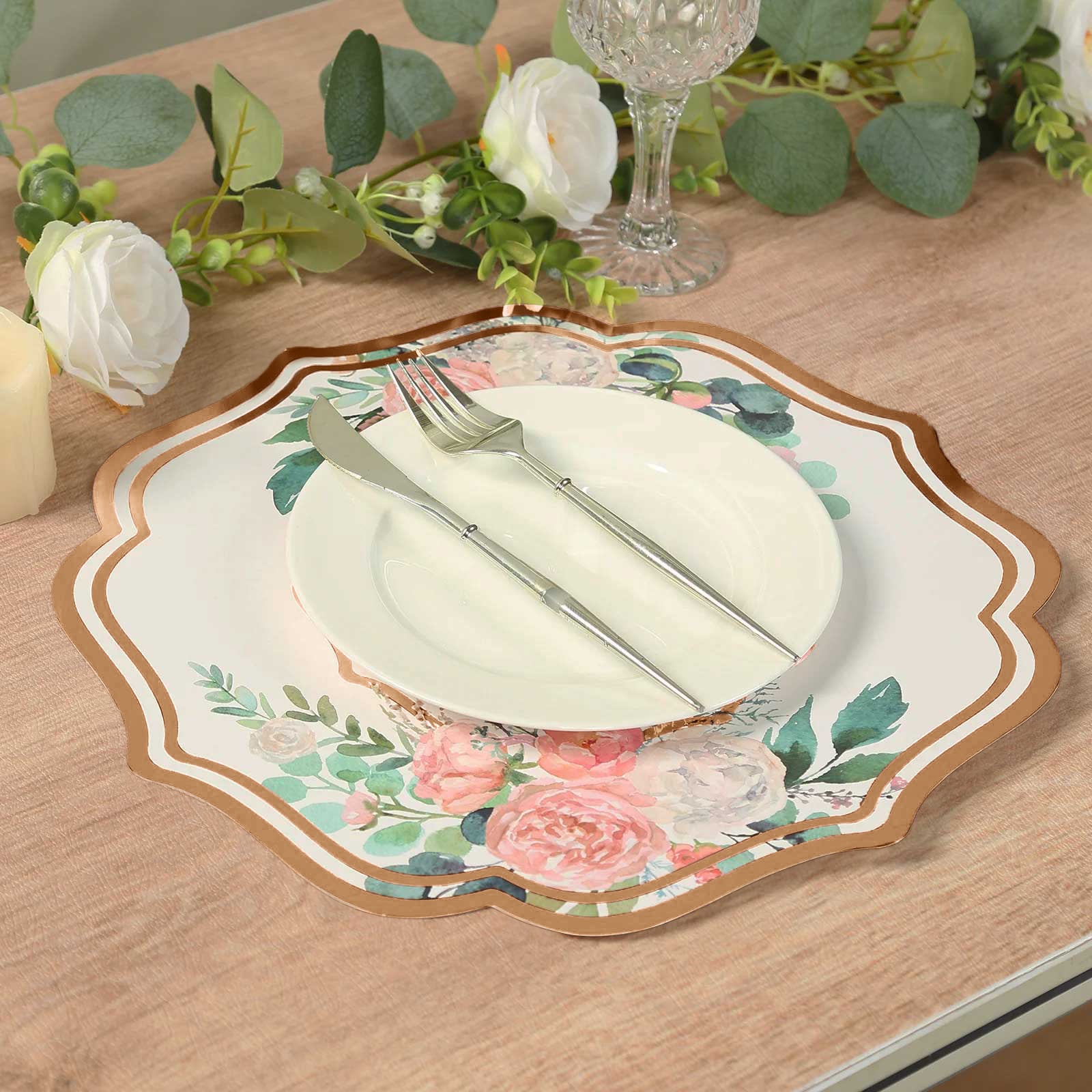 10 - Pack Disposable Table Placemats in White with Peony Flowers Print & Rose Gold 13" - Bell Racket Store