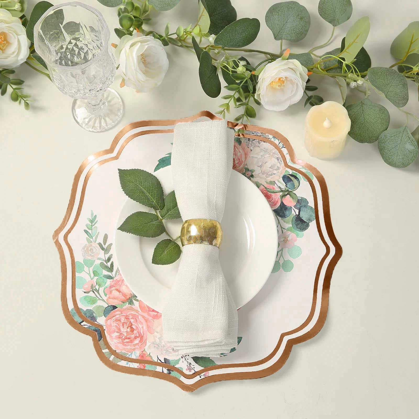 10 - Pack Disposable Table Placemats in White with Peony Flowers Print & Rose Gold 13" - Bell Racket Store
