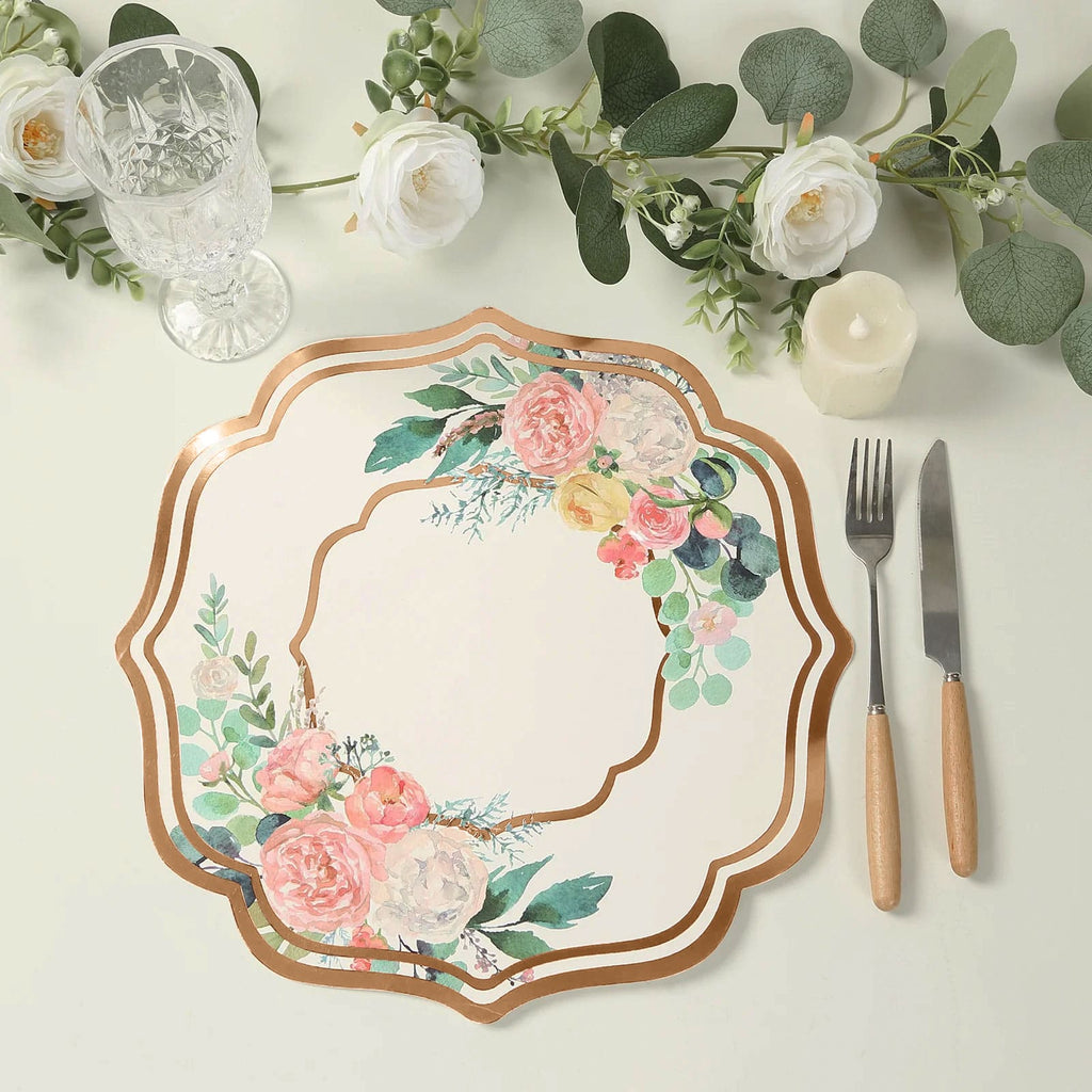10 - Pack Disposable Table Placemats in White with Peony Flowers Print & Rose Gold 13" - Bell Racket Store