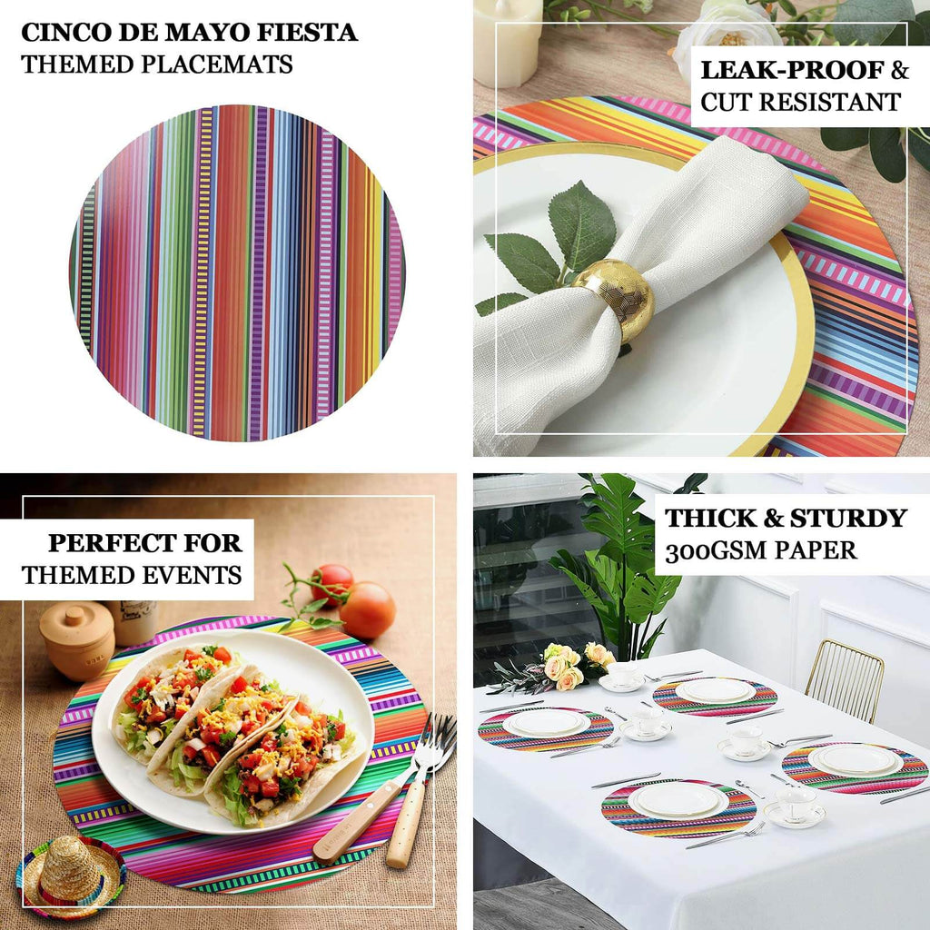 10 - Pack Disposable Table Placemats with Multicolor Mexican Serape Fiesta Striped Print - 300GSM Festive Paper Placemats for Cinco de Mayo & Mexican - Themed Events 13" - Bell Racket Store