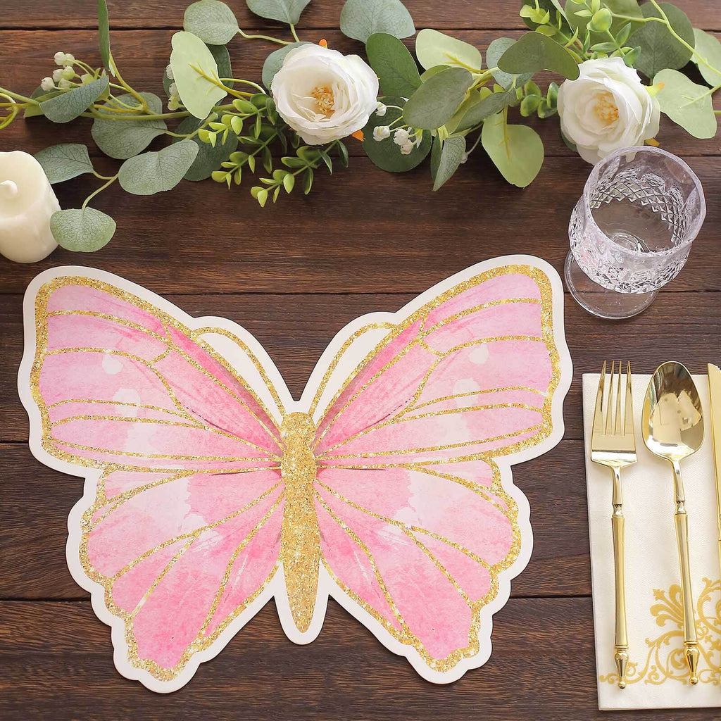 10 - Pack Disposable Table Placemats with Pink Butterfly Design & Gold Glitters - 400GSM Cardboard Placemats for Kids' Parties, Baby Showers & Celebrations 14" - Bell Racket Store
