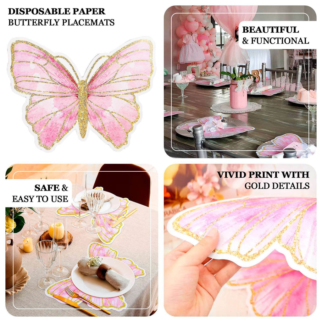 10 - Pack Disposable Table Placemats with Pink Butterfly Design & Gold Glitters - 400GSM Cardboard Placemats for Kids' Parties, Baby Showers & Celebrations 14" - Bell Racket Store