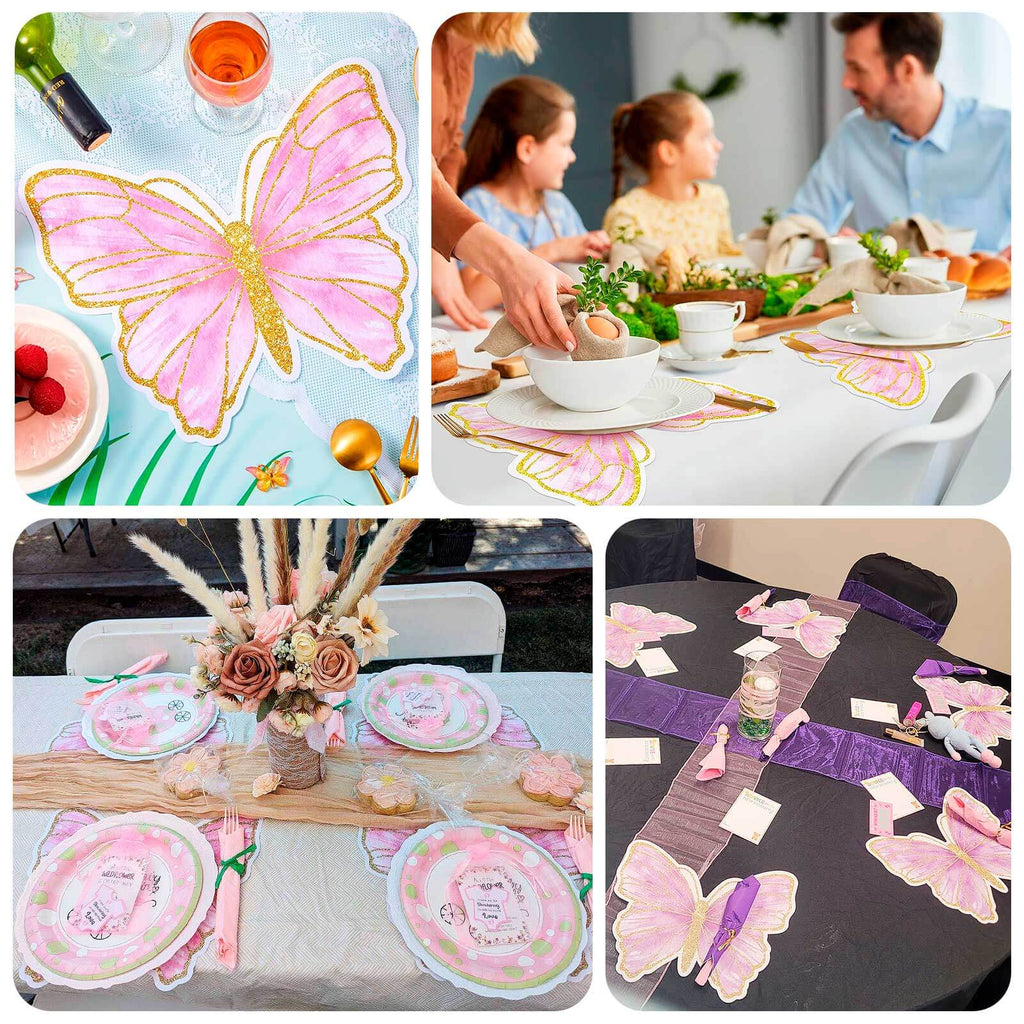 10 - Pack Disposable Table Placemats with Pink Butterfly Design & Gold Glitters - 400GSM Cardboard Placemats for Kids' Parties, Baby Showers & Celebrations 14" - Bell Racket Store
