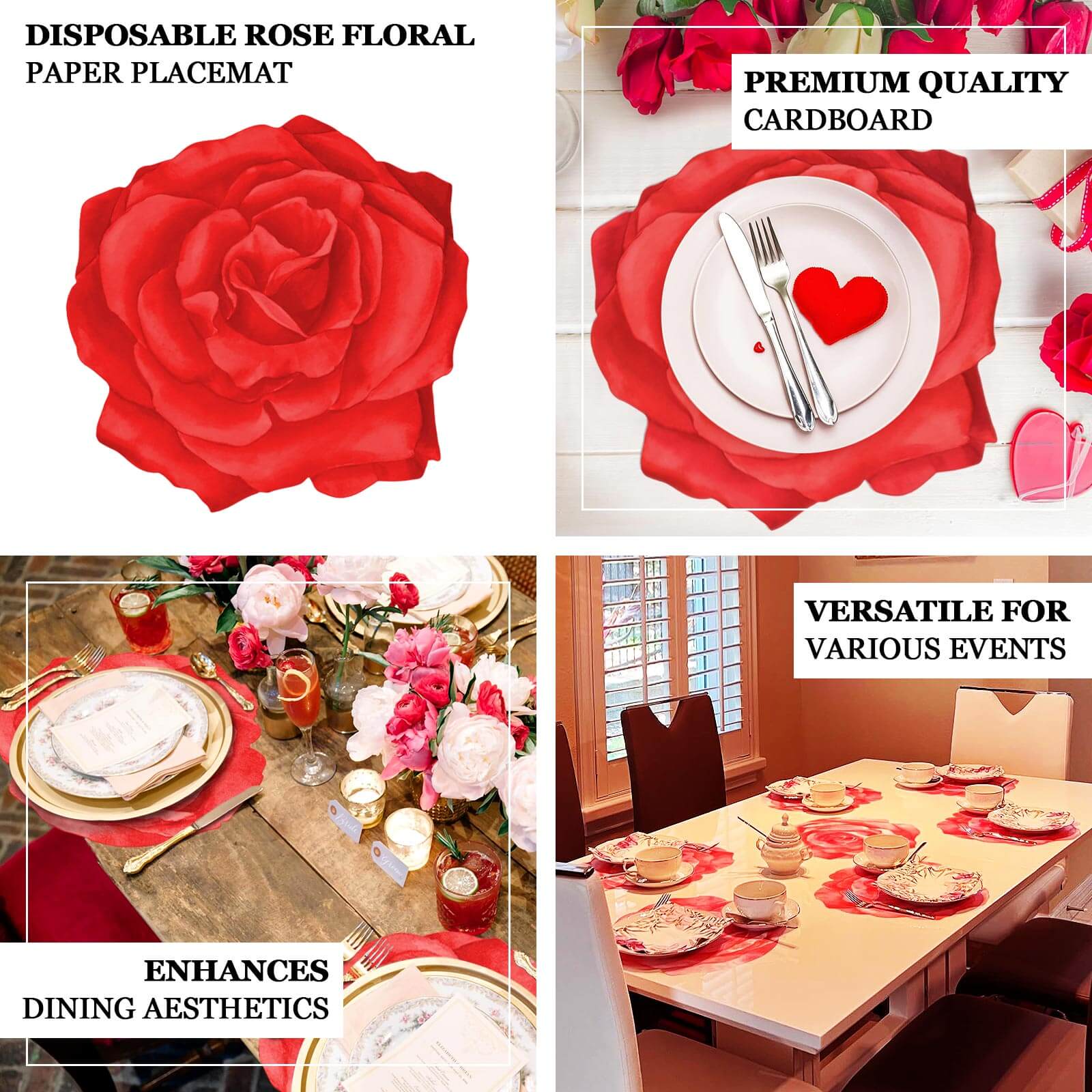 10 - Pack Disposable Table Placemats with Red Rose Flower Design - 400GSM Floral Cardboard Placemats for Romantic Themes & Garden Parties 14" - Bell Racket Store