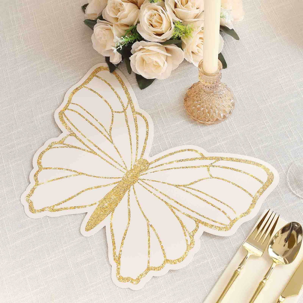 10 - Pack Disposable Table Placemats with White Butterfly Design & Gold Glitters - 400GSM Cardboard Placemats for Kids' Parties, Baby Showers & Celebrations 14" - Bell Racket Store