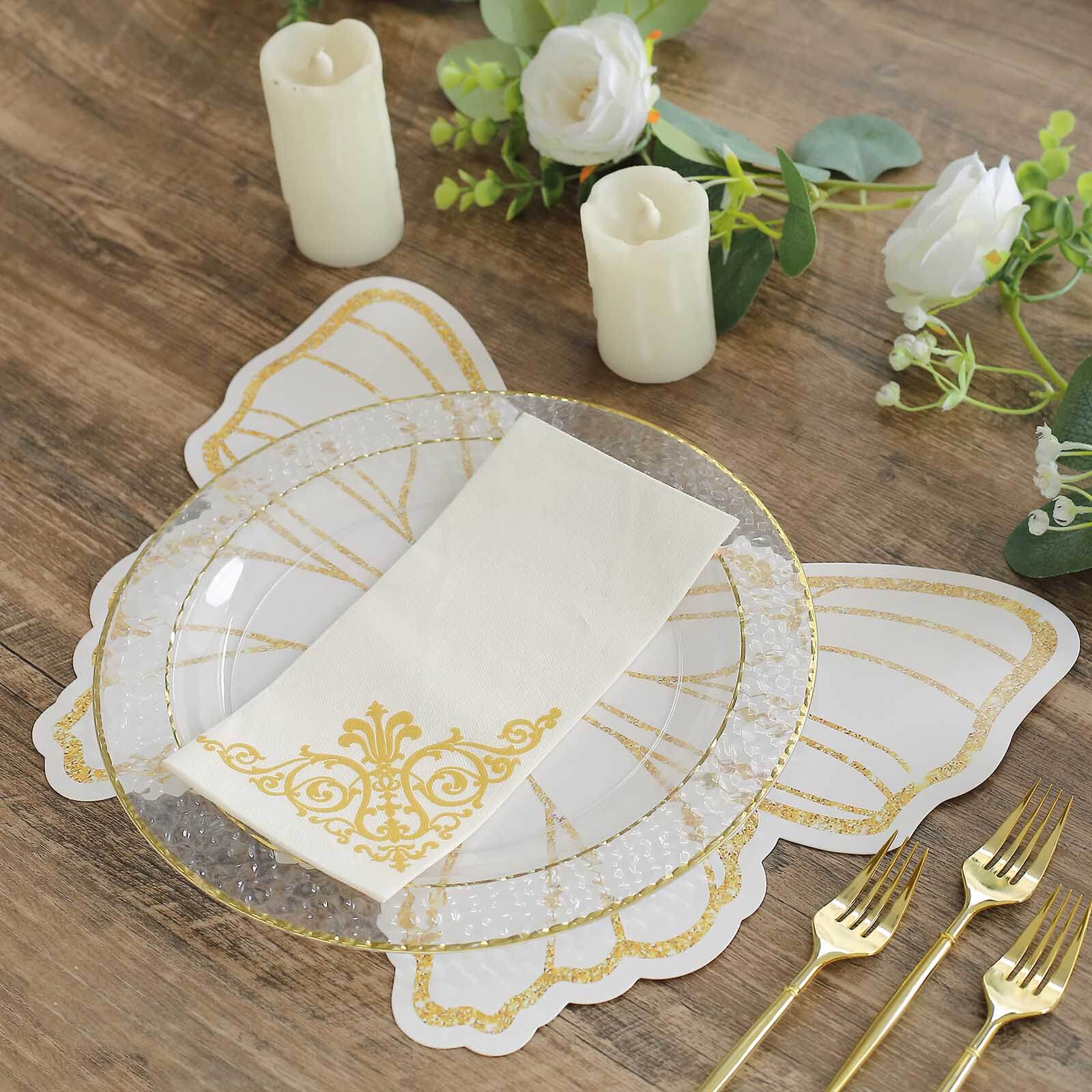 10 - Pack Disposable Table Placemats with White Butterfly Design & Gold Glitters - 400GSM Cardboard Placemats for Kids' Parties, Baby Showers & Celebrations 14" - Bell Racket Store