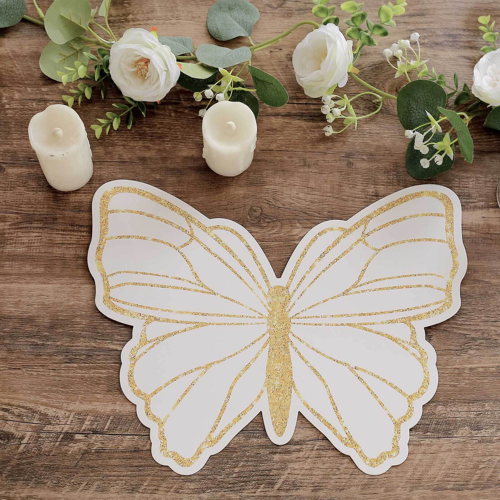 10 - Pack Disposable Table Placemats with White Butterfly Design & Gold Glitters - 400GSM Cardboard Placemats for Kids' Parties, Baby Showers & Celebrations 14" - Bell Racket Store