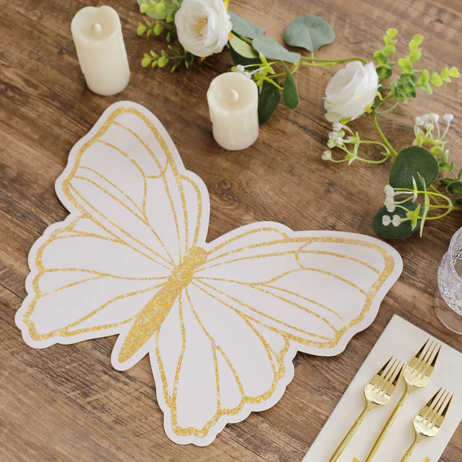 10 - Pack Disposable Table Placemats with White Butterfly Design & Gold Glitters - 400GSM Cardboard Placemats for Kids' Parties, Baby Showers & Celebrations 14" - Bell Racket Store