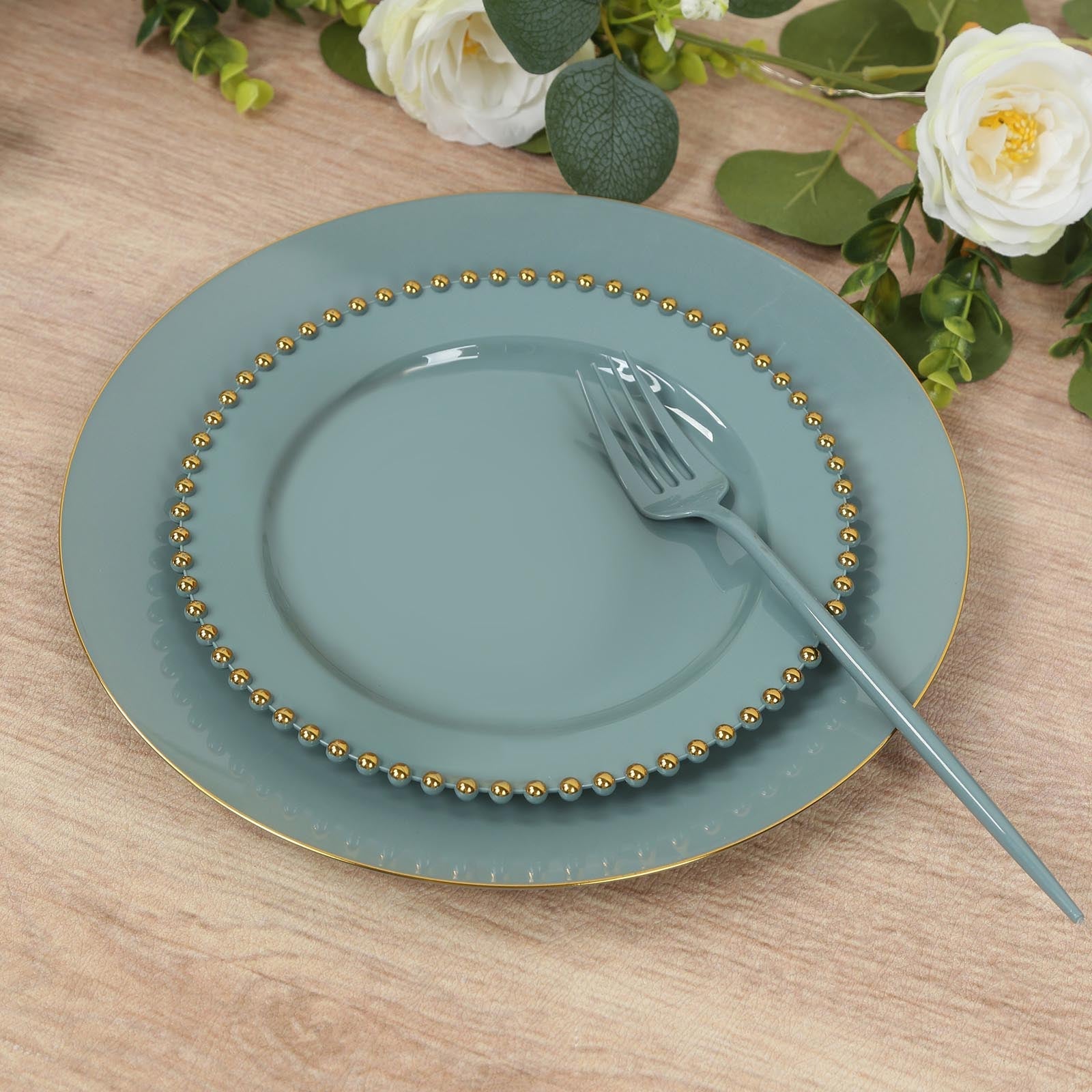 10 - Pack Dusty Blue Plastic Dessert Plates â€“ 8" Round with Gold Beaded Rim, Disposable for Parties & Events - Bell Racket Store