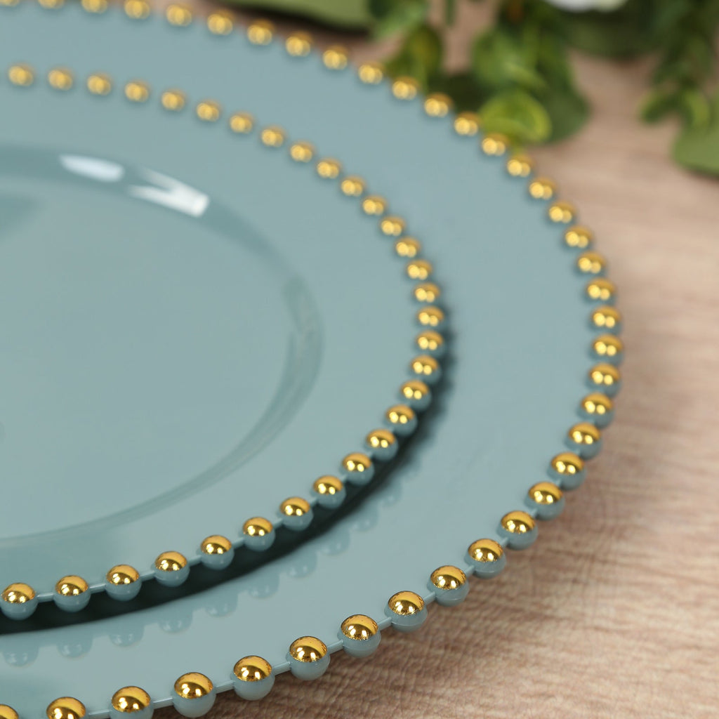10 - Pack Dusty Blue Plastic Dessert Plates â€“ 8" Round with Gold Beaded Rim, Disposable for Parties & Events - Bell Racket Store