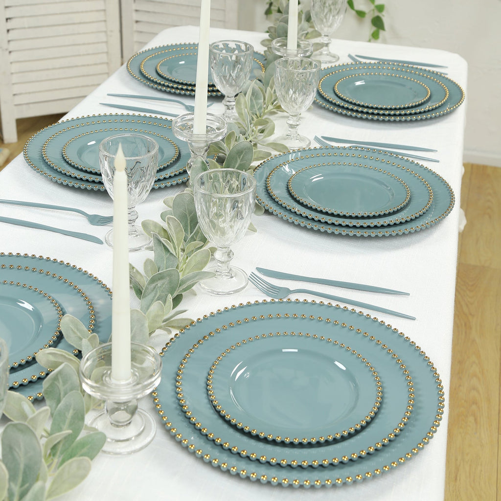 10 - Pack Dusty Blue Plastic Dessert Plates â€“ 8" Round with Gold Beaded Rim, Disposable for Parties & Events - Bell Racket Store