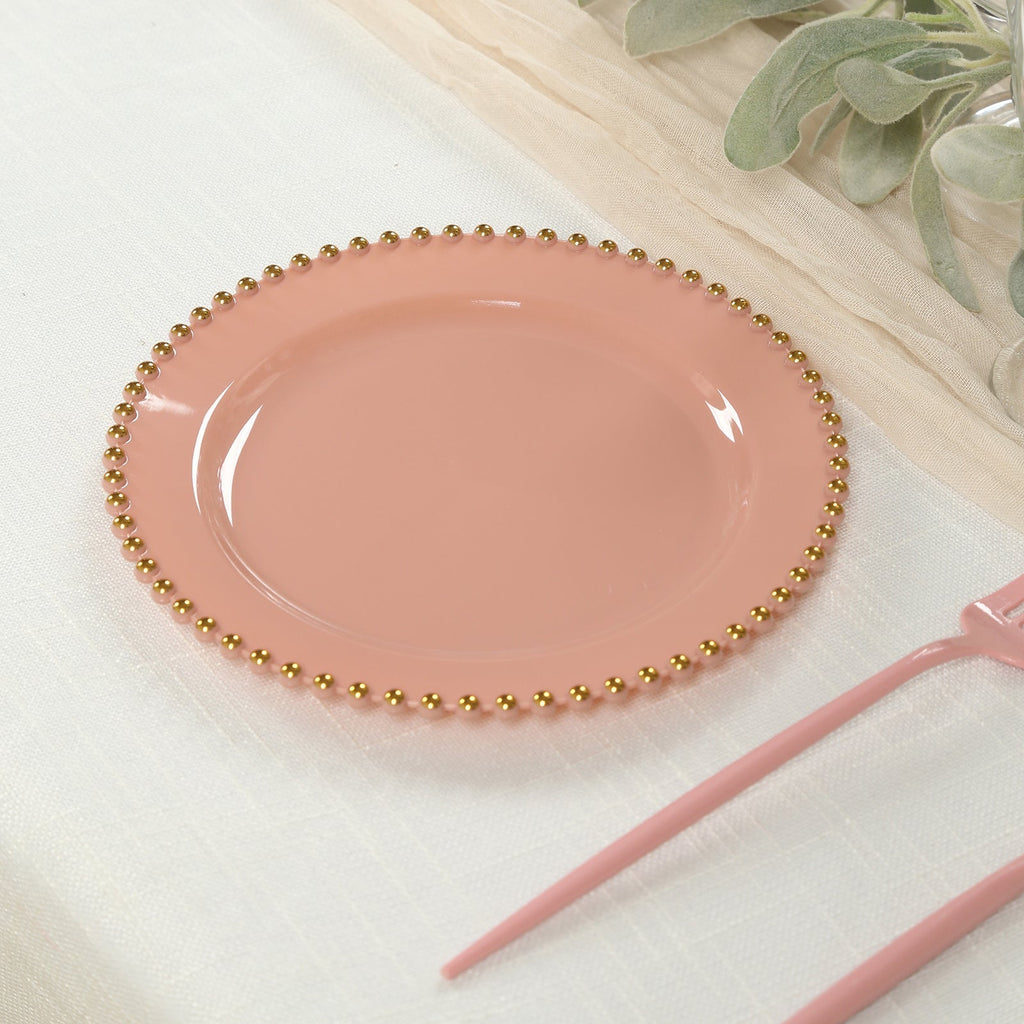 10 - Pack Dusty Rose Plastic Dessert Plates â€“ 8" Round with Gold Beaded Rim, Disposable for Parties & Events - Bell Racket Store