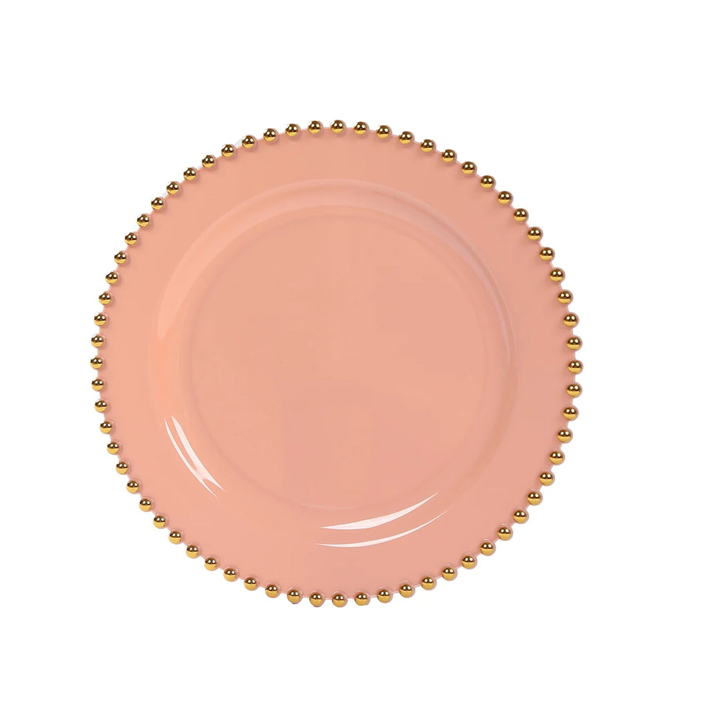 10 - Pack Dusty Rose Plastic Dessert Plates â€“ 8" Round with Gold Beaded Rim, Disposable for Parties & Events - Bell Racket Store
