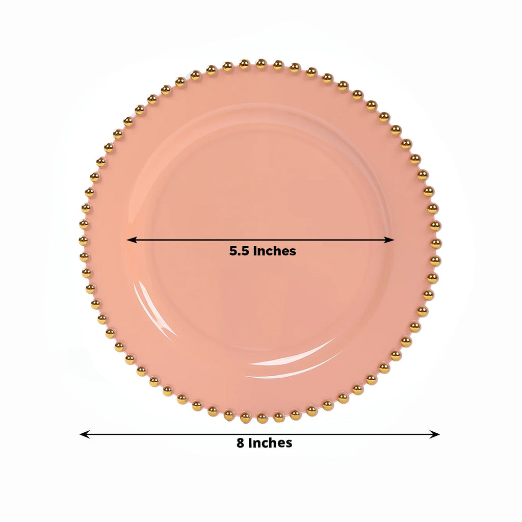 10 - Pack Dusty Rose Plastic Dessert Plates â€“ 8" Round with Gold Beaded Rim, Disposable for Parties & Events - Bell Racket Store