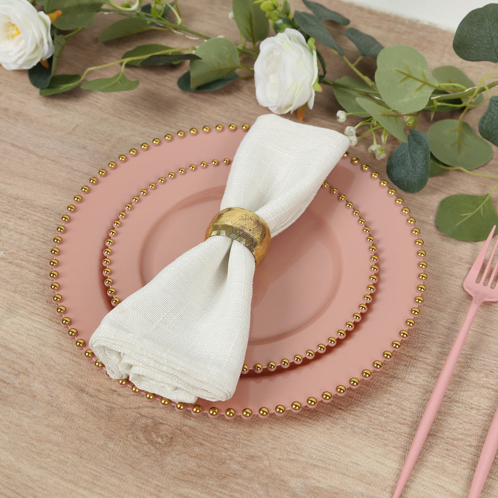 10 - Pack Dusty Rose Plastic Dessert Plates â€“ 8" Round with Gold Beaded Rim, Disposable for Parties & Events - Bell Racket Store