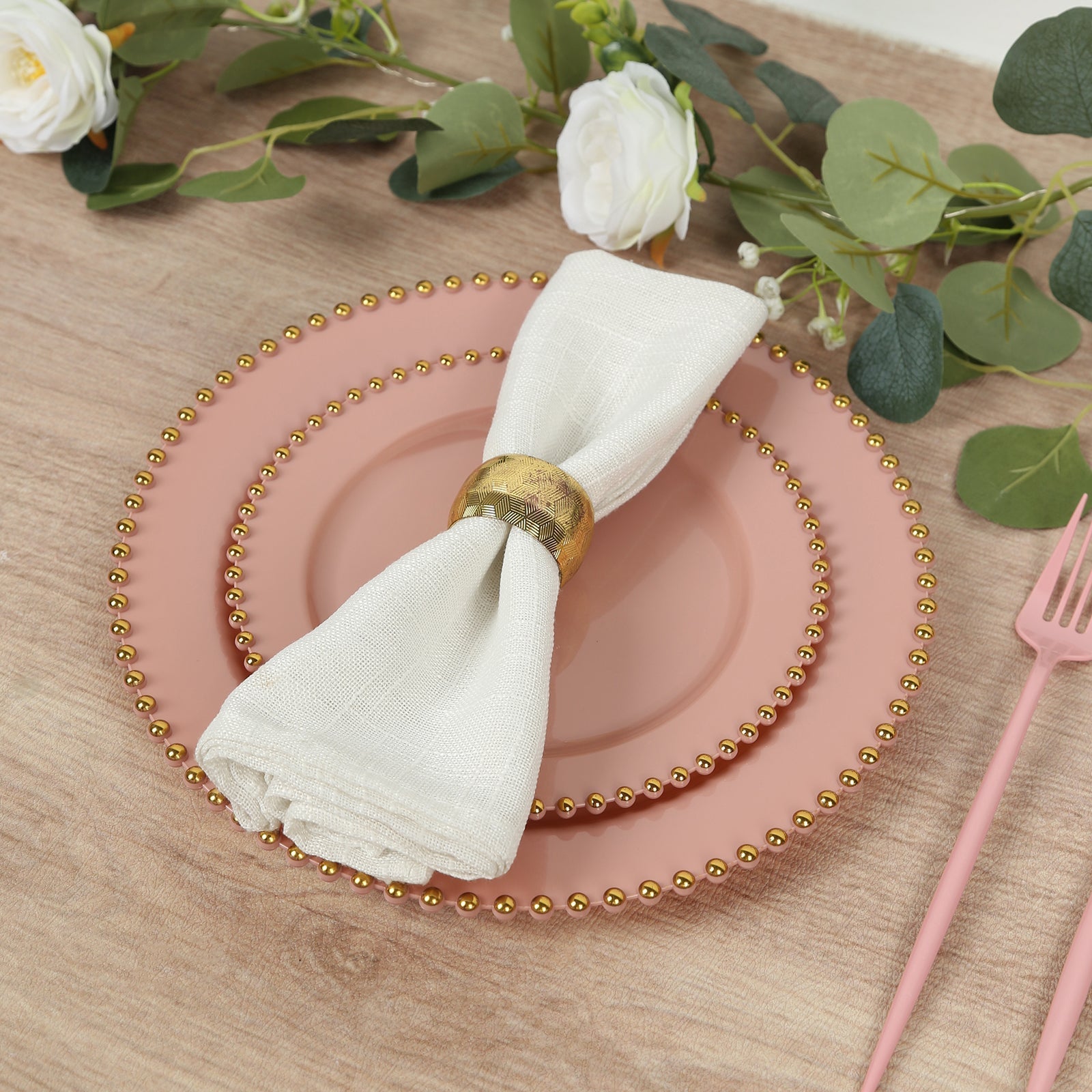 10 - Pack Dusty Rose Plastic Dessert Plates â€“ 8" Round with Gold Beaded Rim, Disposable for Parties & Events - Bell Racket Store