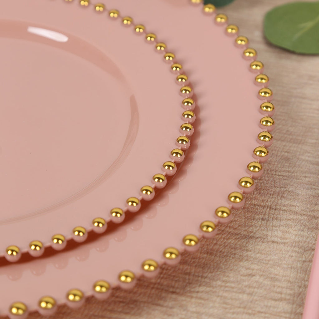 10 - Pack Dusty Rose Plastic Dessert Plates â€“ 8" Round with Gold Beaded Rim, Disposable for Parties & Events - Bell Racket Store
